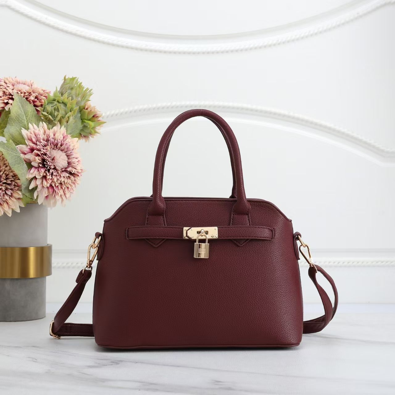 Red Faux Leather Satchel Handbag with Lock Charm