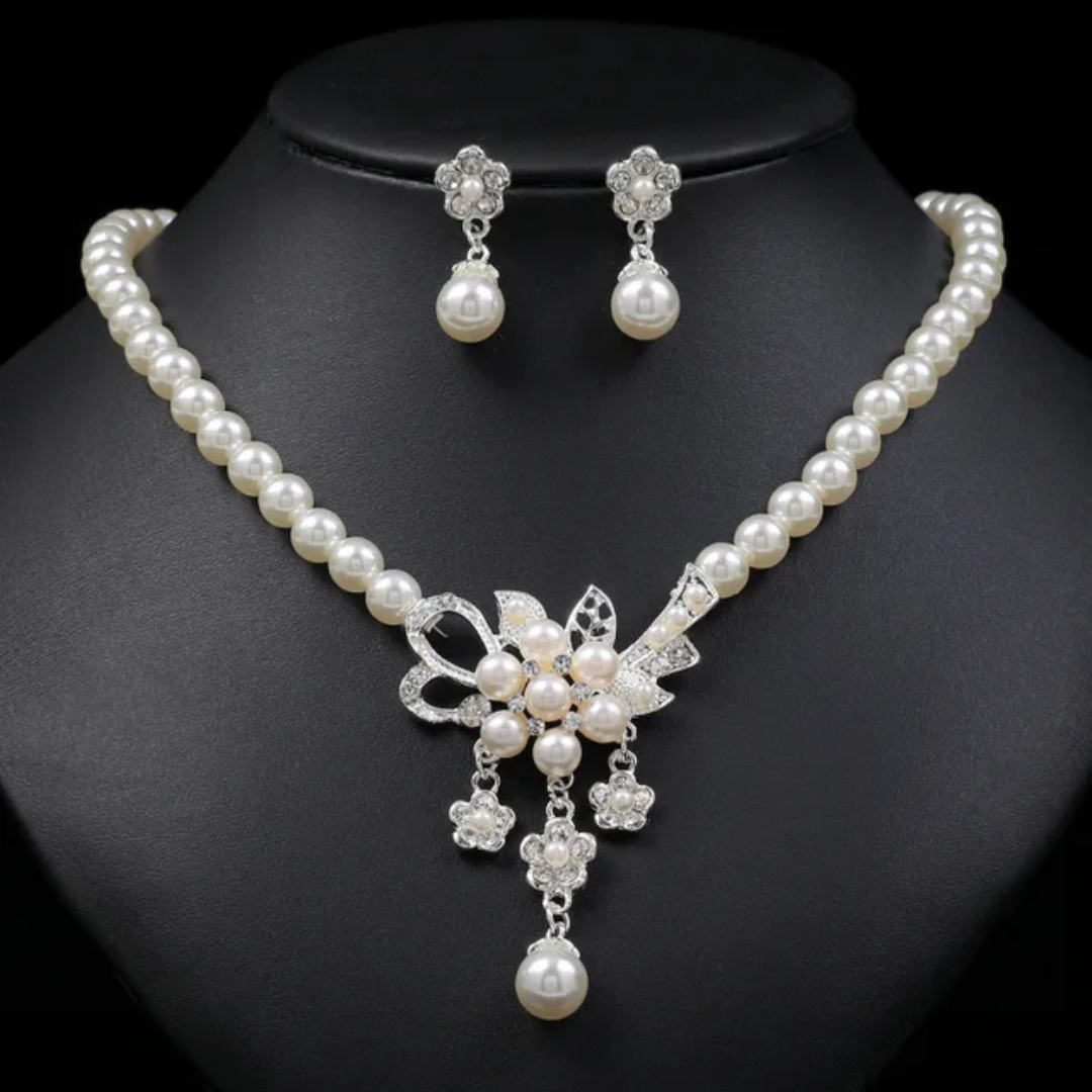 Elegant Pearl and Crystal Floral Necklace and Earring Set Silver