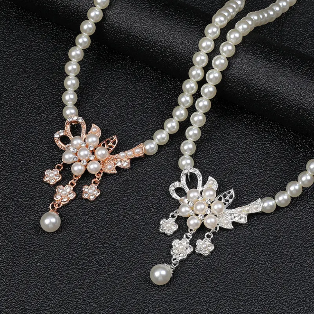 Elegant Pearl and Crystal Floral Necklace and Earring Set Silver