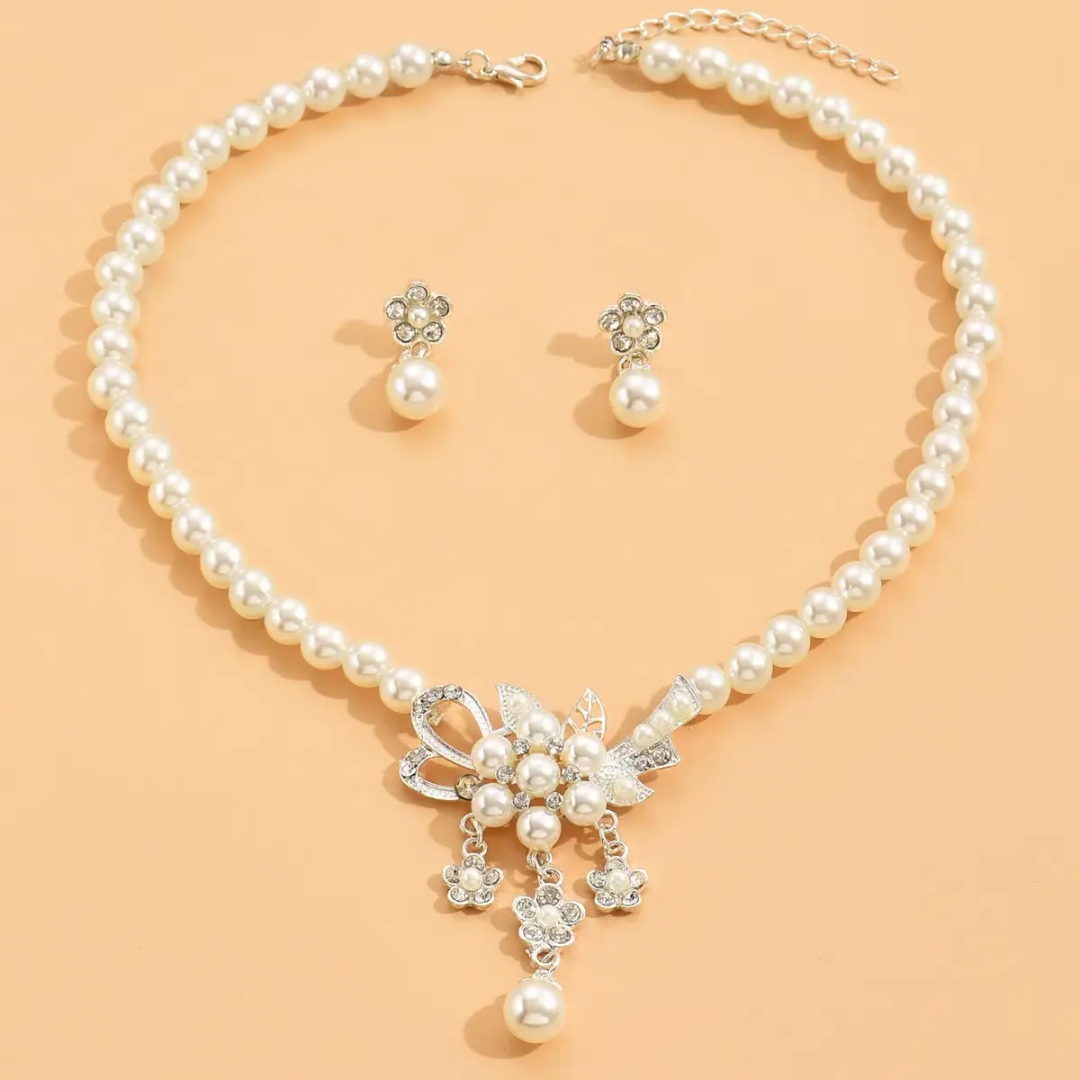 Elegant Pearl and Crystal Floral Necklace and Earring Set Silver
