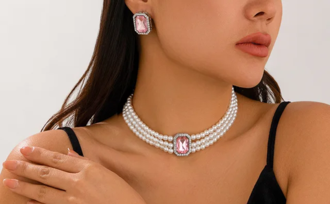 Vintage Pink Emerald-Cut Crystal and Pearl Choker Set