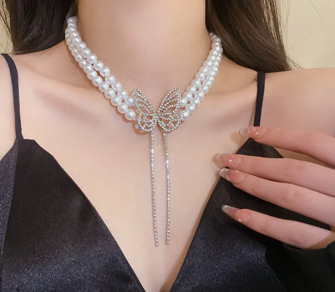 Double Strand Pearl Necklace Set with Gold Butterfly Pendant