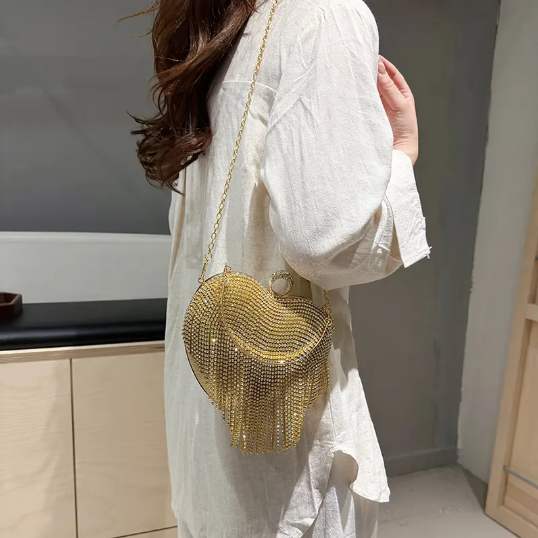 Golden Dazzle Heart Clutch | Crystal Fringe Party Handbag