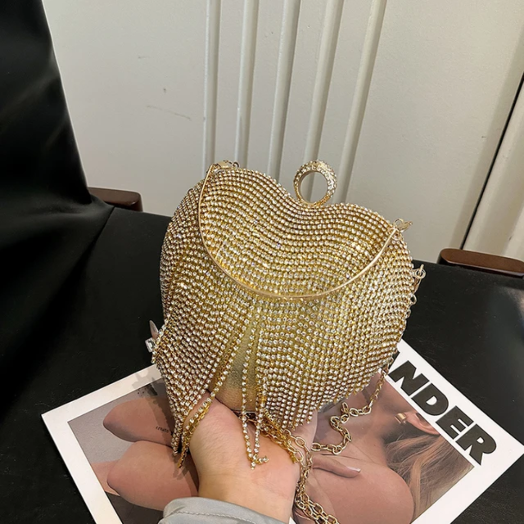Golden Dazzle Heart Clutch | Crystal Fringe Party Handbag