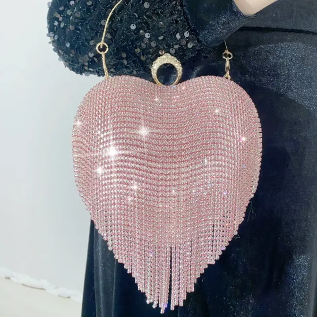 Rose Gold Dazzle Heart Clutch | Crystal Fringe Party Handbag
