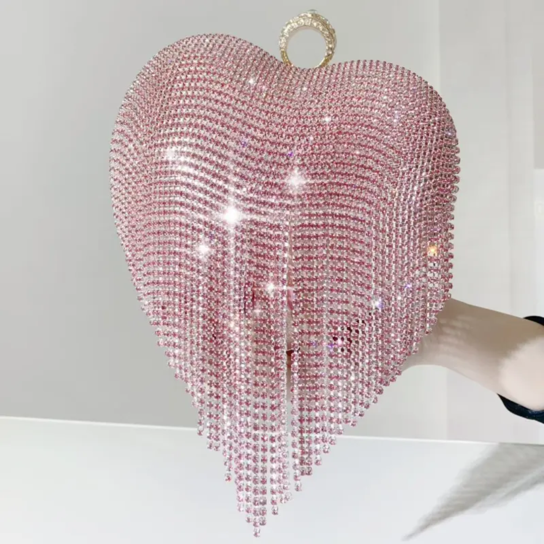 Rose Gold Dazzle Heart Clutch | Crystal Fringe Party Handbag
