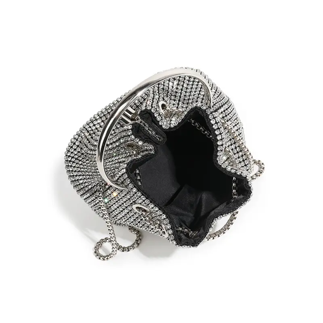 Dazzling Silver Rhinestone Potli Clutch Bag with Kada Handle & Sling