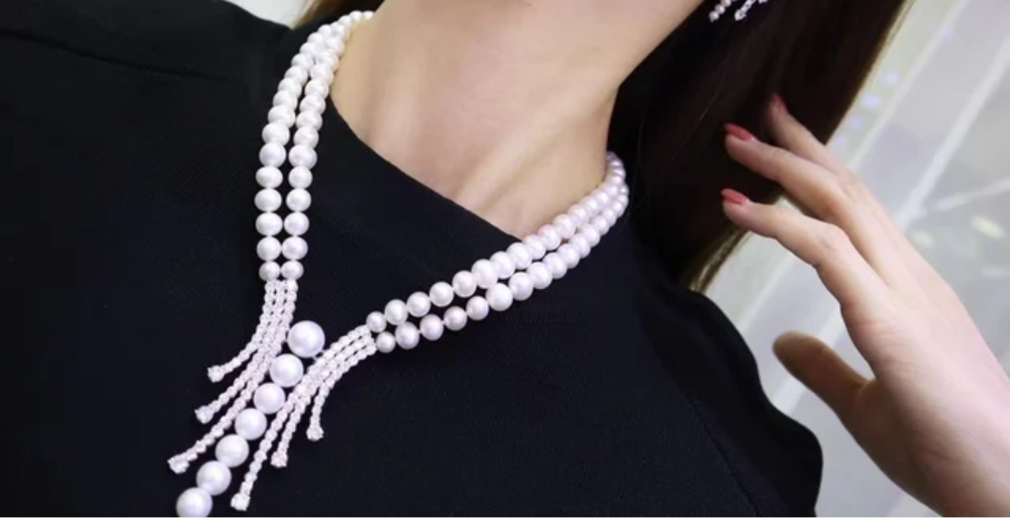 Elegant Two-Layer Pearl and Crystal Statement Necklace Set Silver