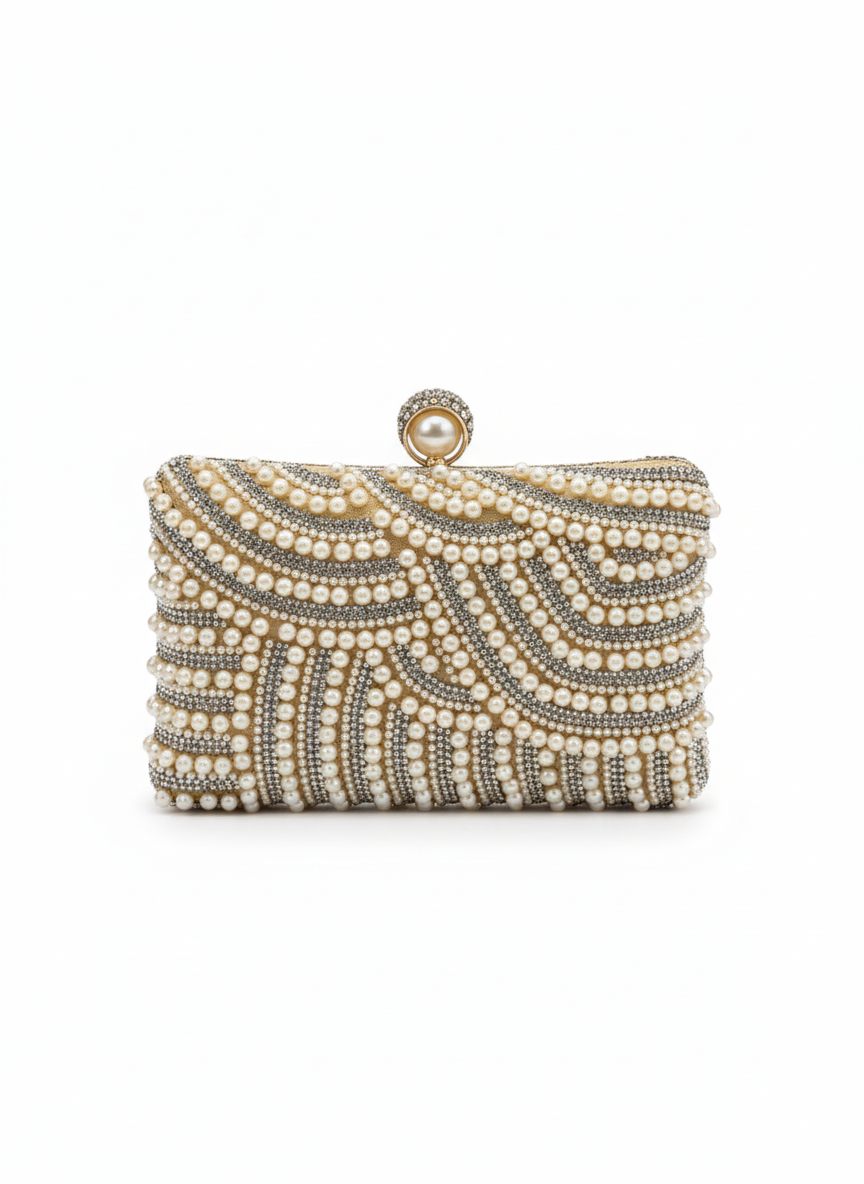 Champaign Pearl Embellished Party Clutch with Sling and Kada