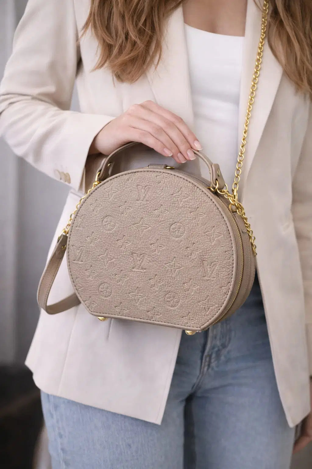 Mocha Monogram Canteen Crossbody – Premium Vegan Leather Circular Statement Bag