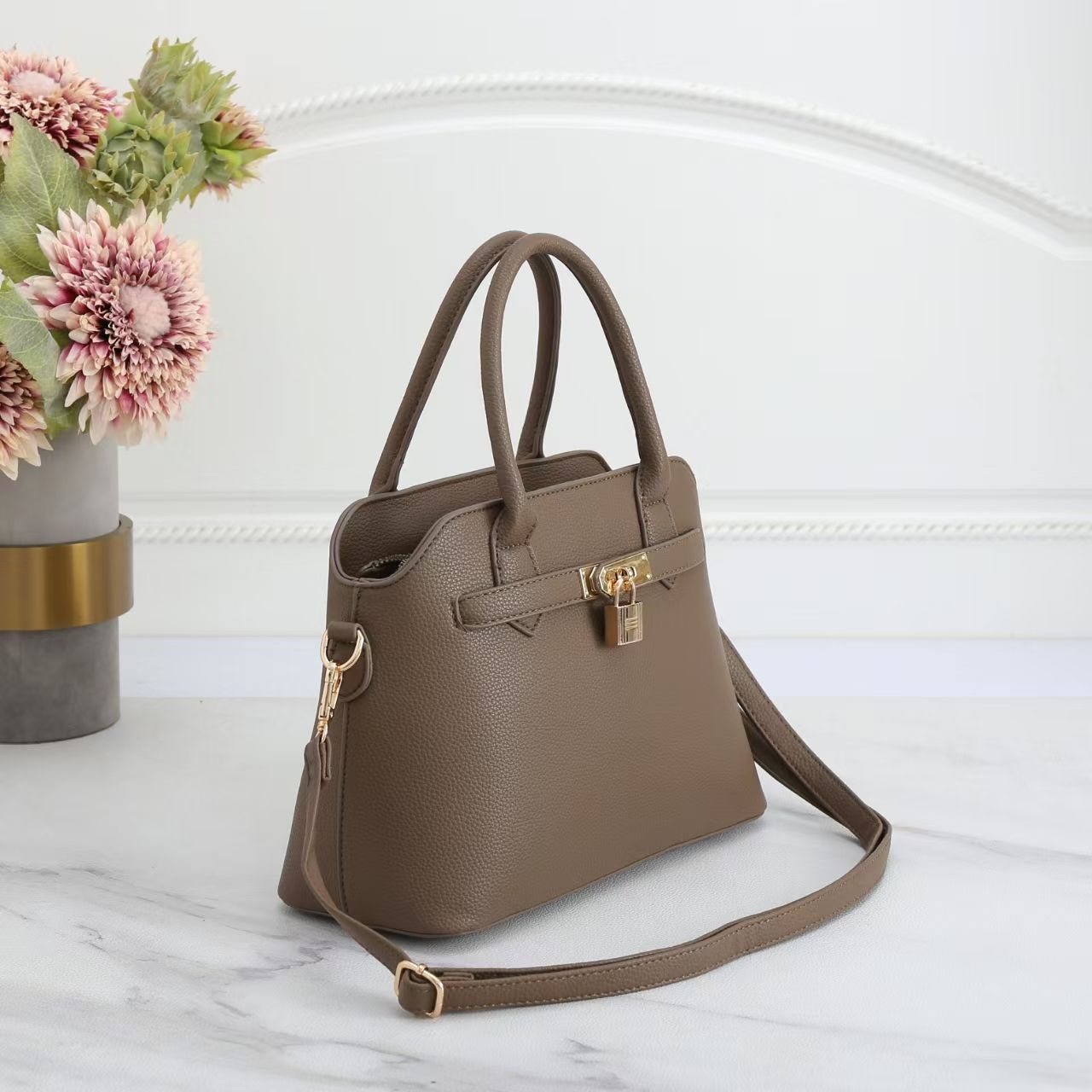 Tea Faux Leather Satchel Handbag with Lock Charm