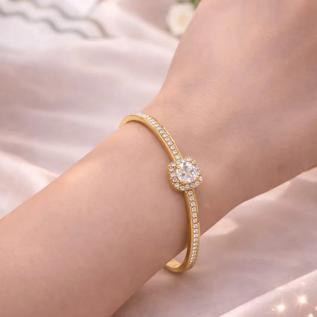 The Classic Choice: "Royal Halo" Premium Solitaire Bangle – Gold