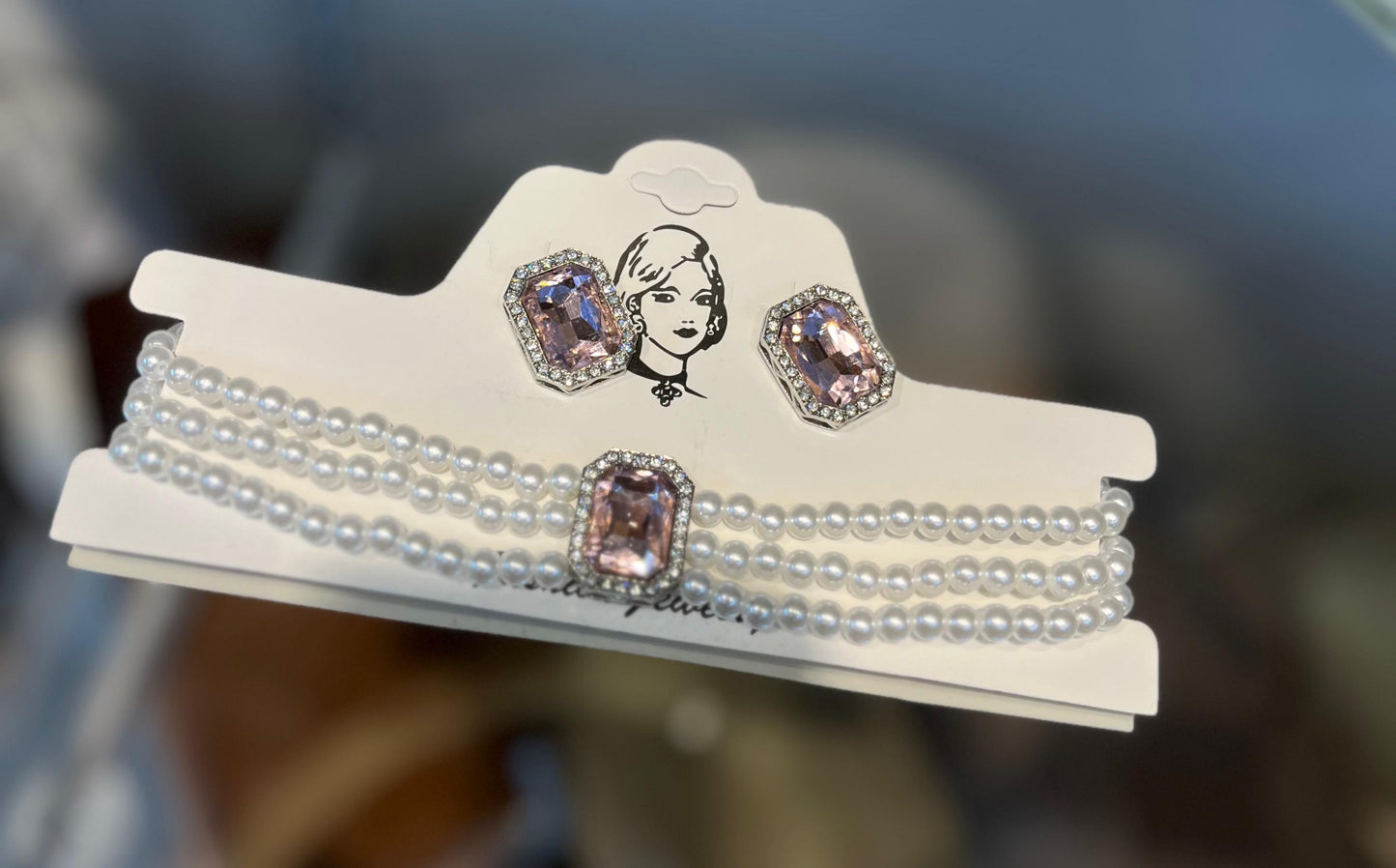 Vintage Pink Emerald-Cut Crystal and Pearl Choker Set