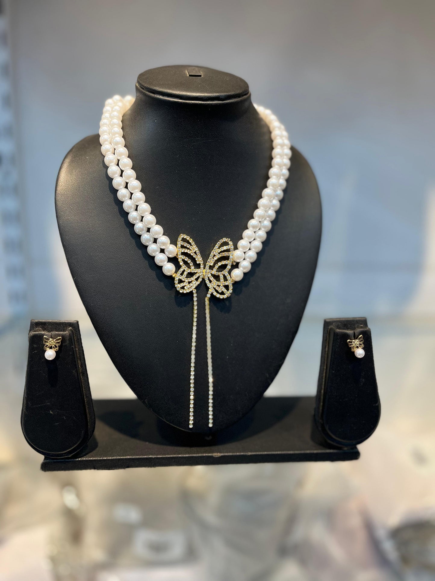 Double Strand Pearl Necklace Set with Gold Butterfly Pendant
