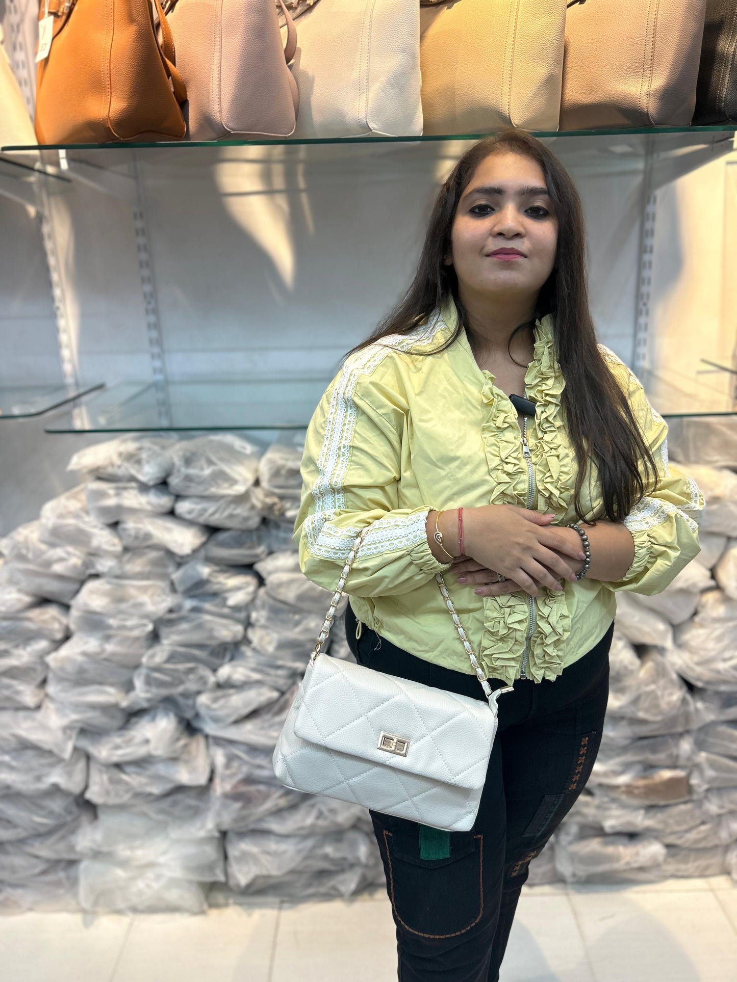 Quilted Vegan Faux Leather Cushion Bag Off White