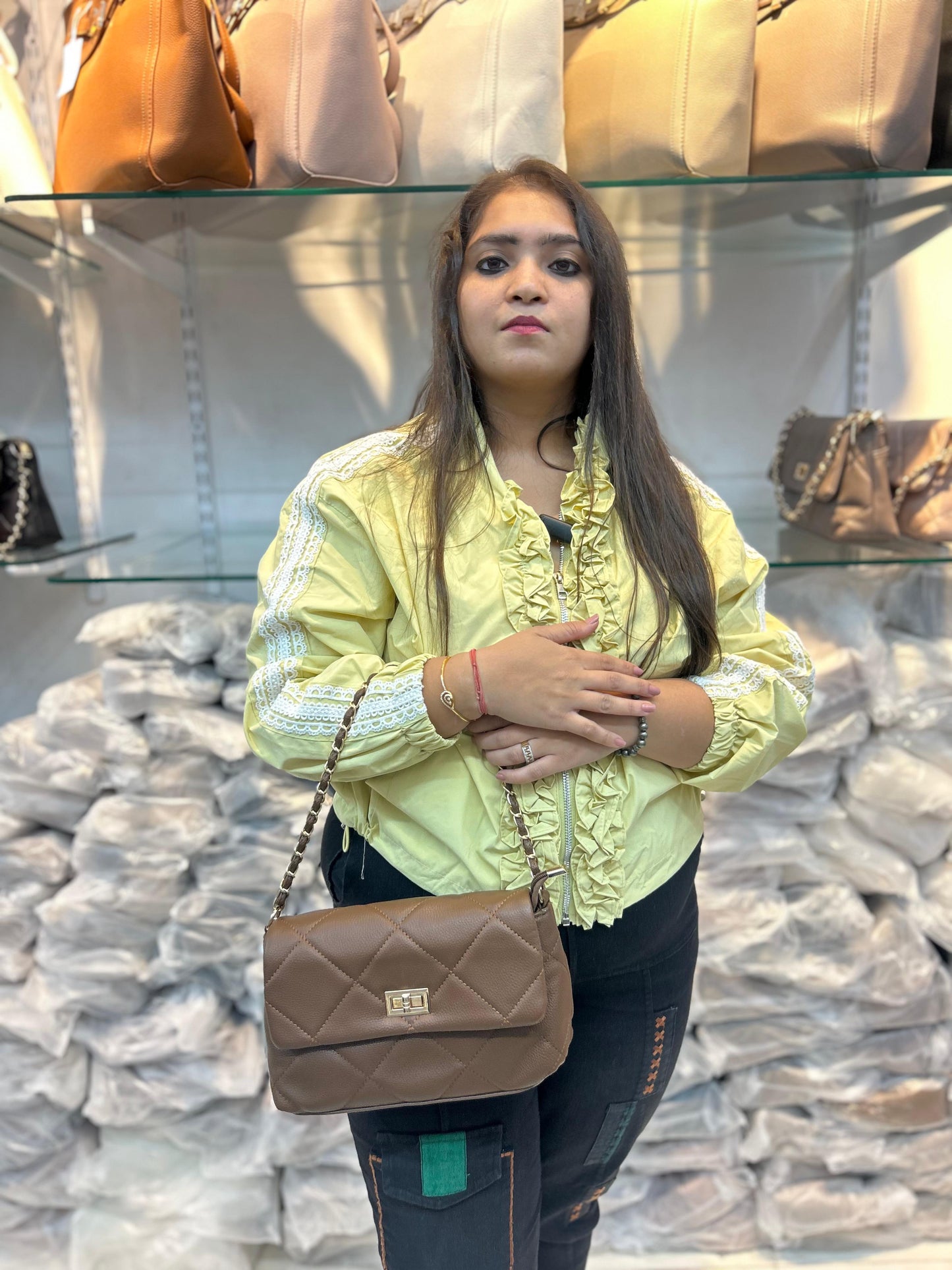 Quilted Vegan Faux Leather Cushion Bag Coffee