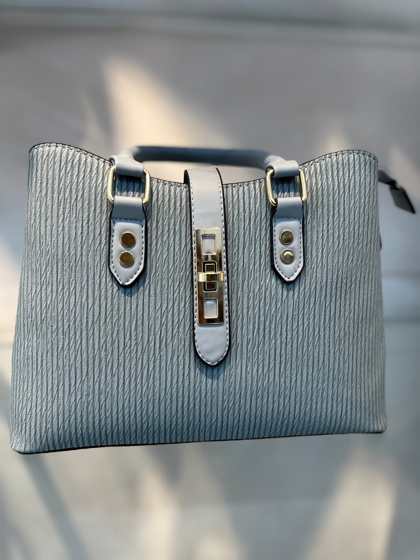 Premium Blue Fabric-Embossed Handbag ,3 Compartments & Back Zip