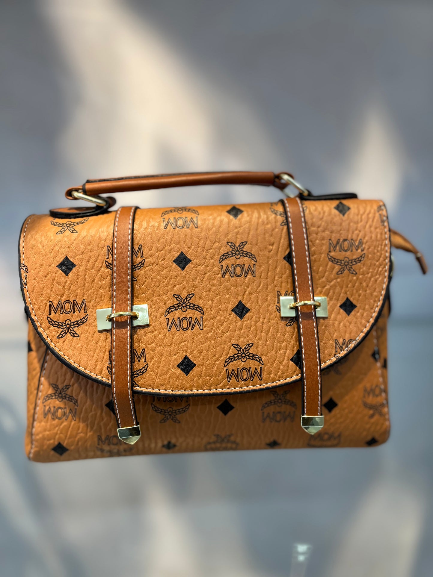 Orange LV Pattern Faux Leather Handbag with Two Strips & Sling