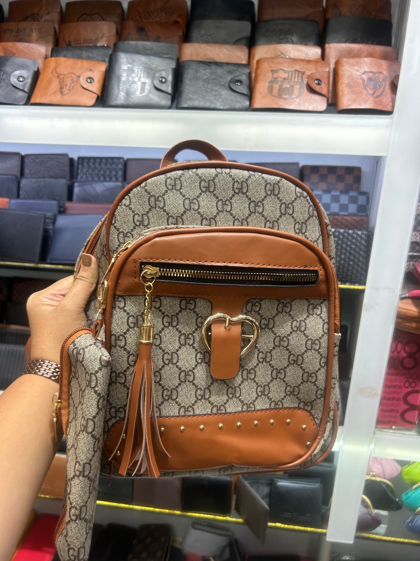 Monogram Print Faux Leather Backpack & Pouch
