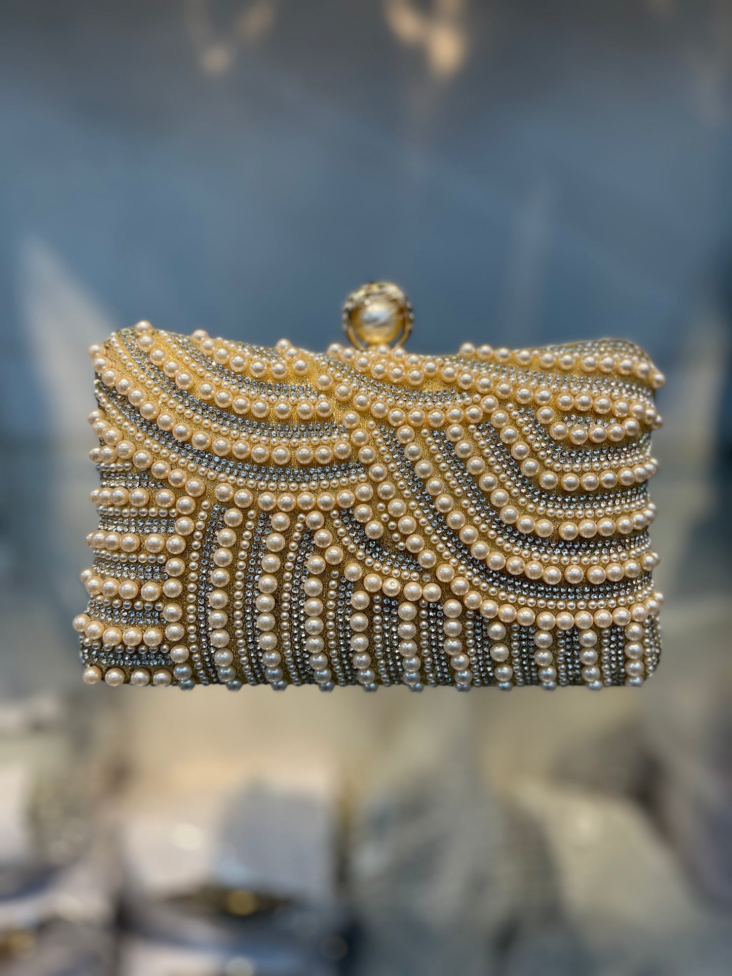 Champaign Pearl Embellished Party Clutch with Sling and Kada