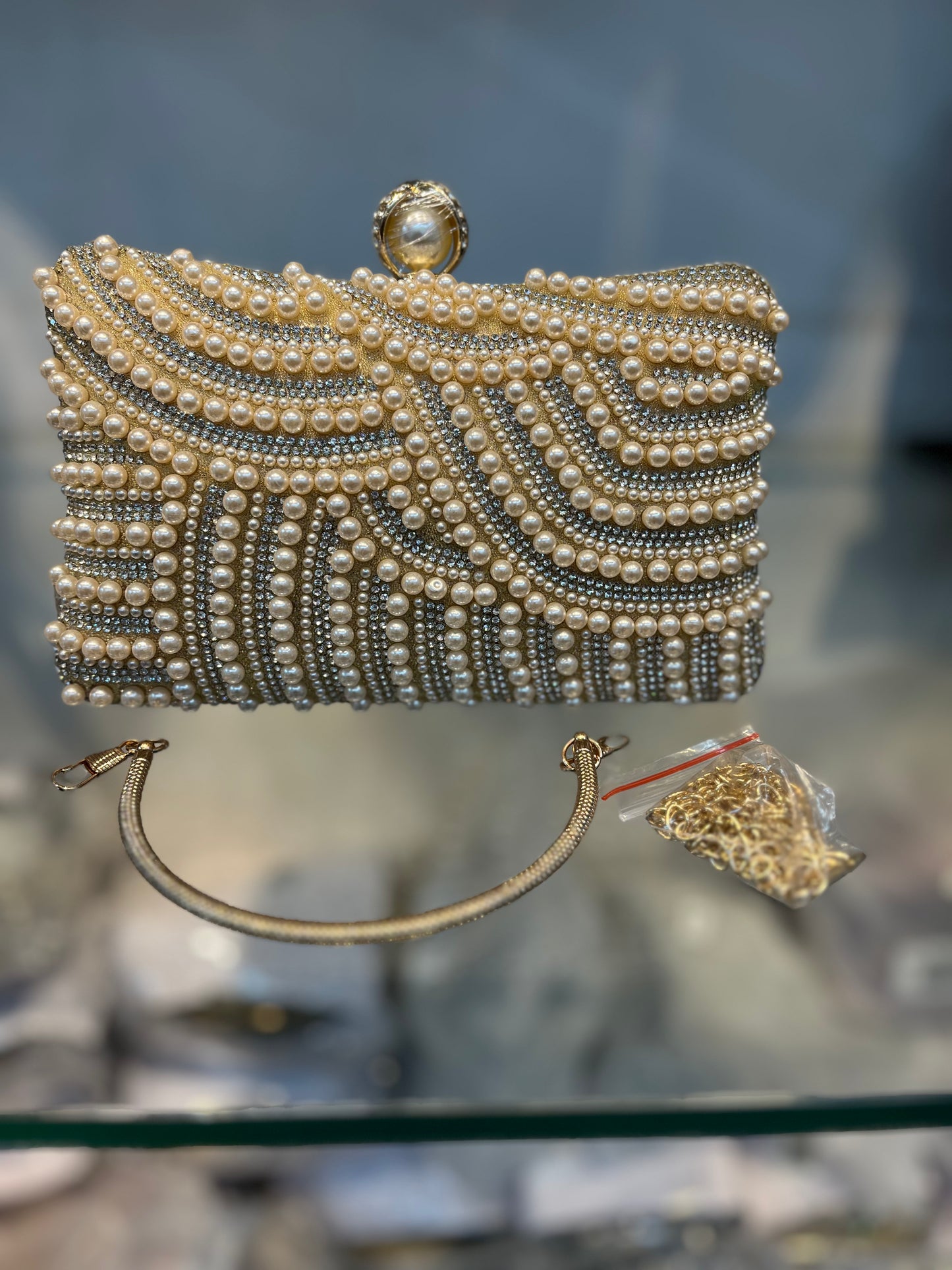 Champaign Pearl Embellished Party Clutch with Sling and Kada