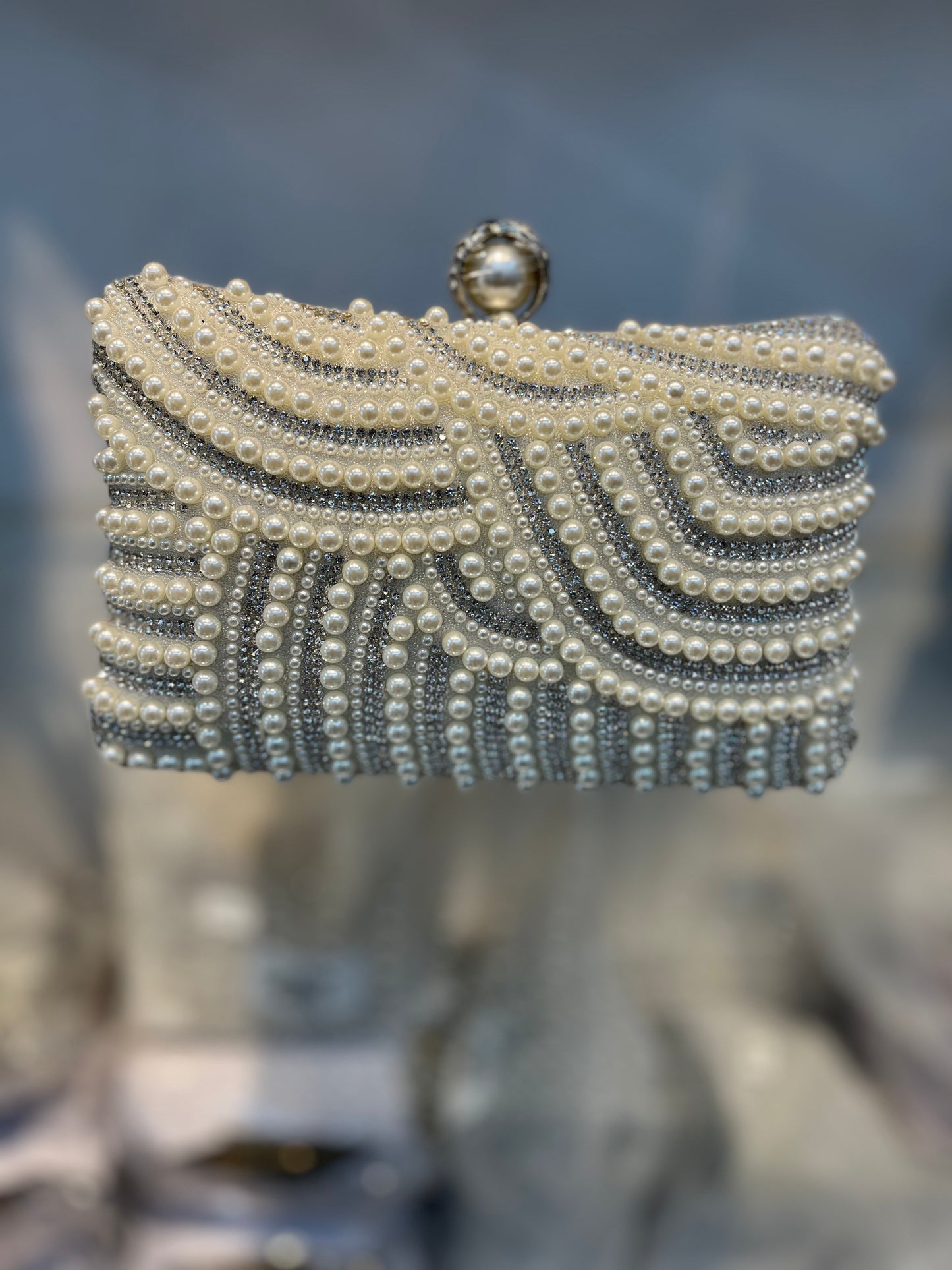 White Pearl Embellished Party Clutch with Sling and Kada
