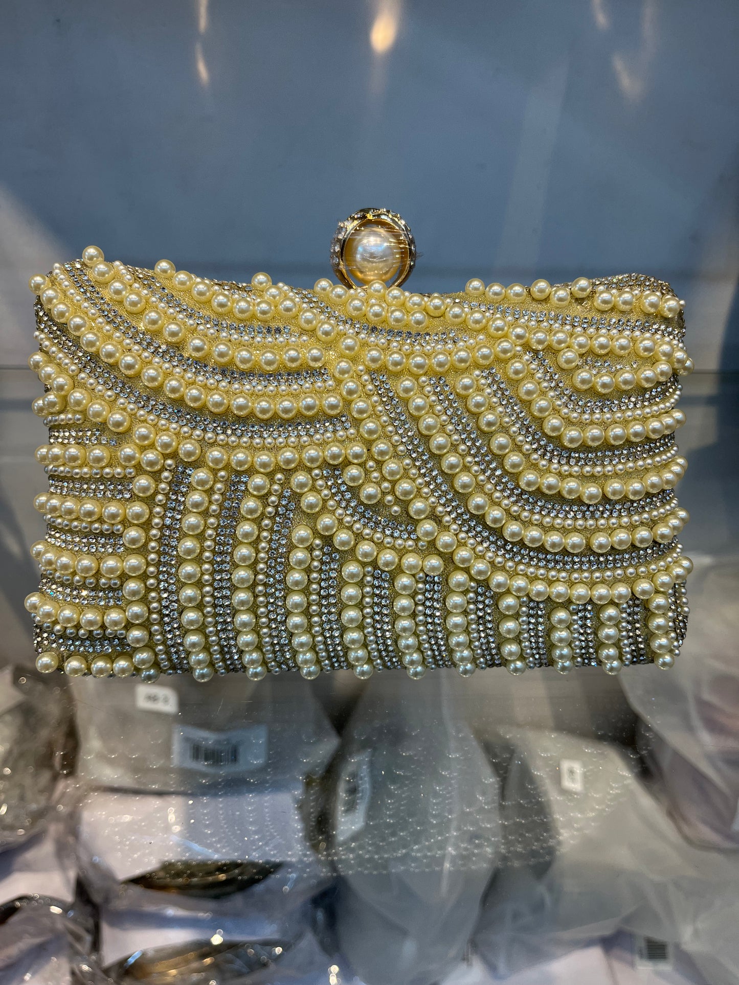 Gold Pearl Embellished Party Clutch with Sling and Kada