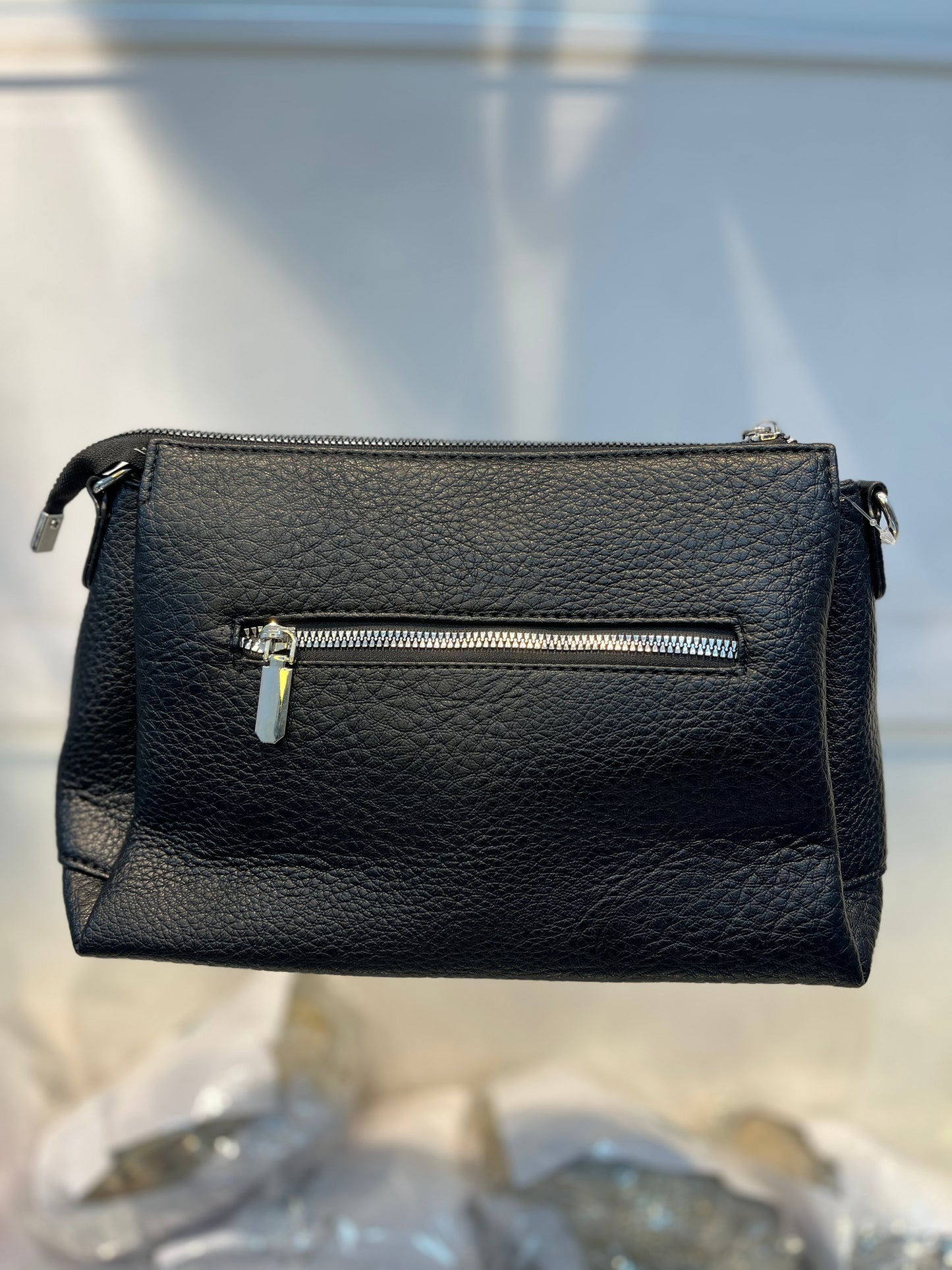 Black Textured Vegan Leather Sling Bag | Zip Pocket