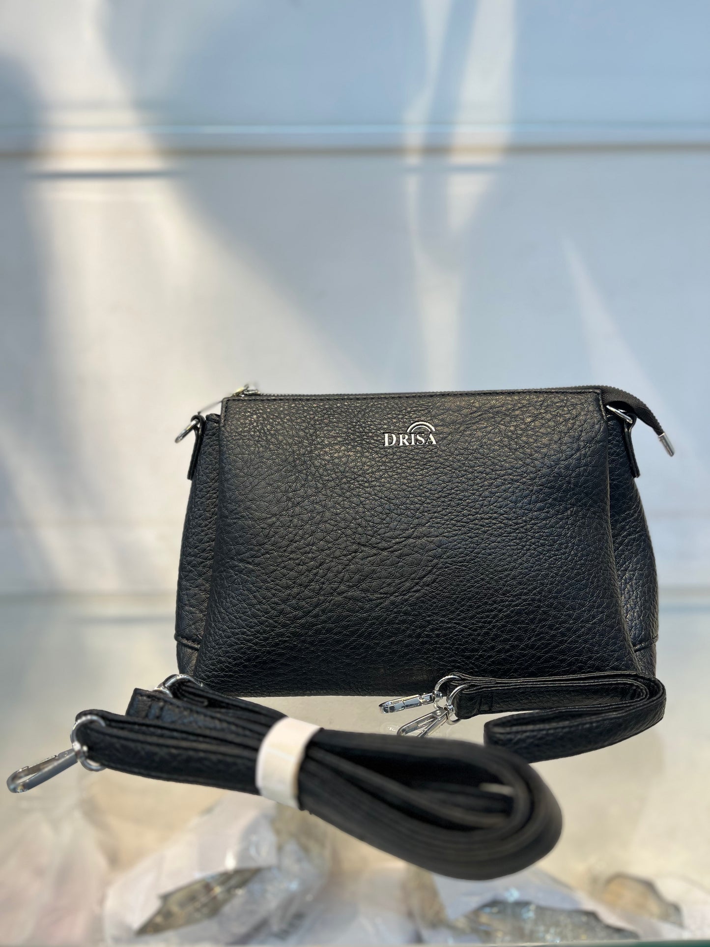 Black Textured Vegan Leather Sling Bag | Zip Pocket