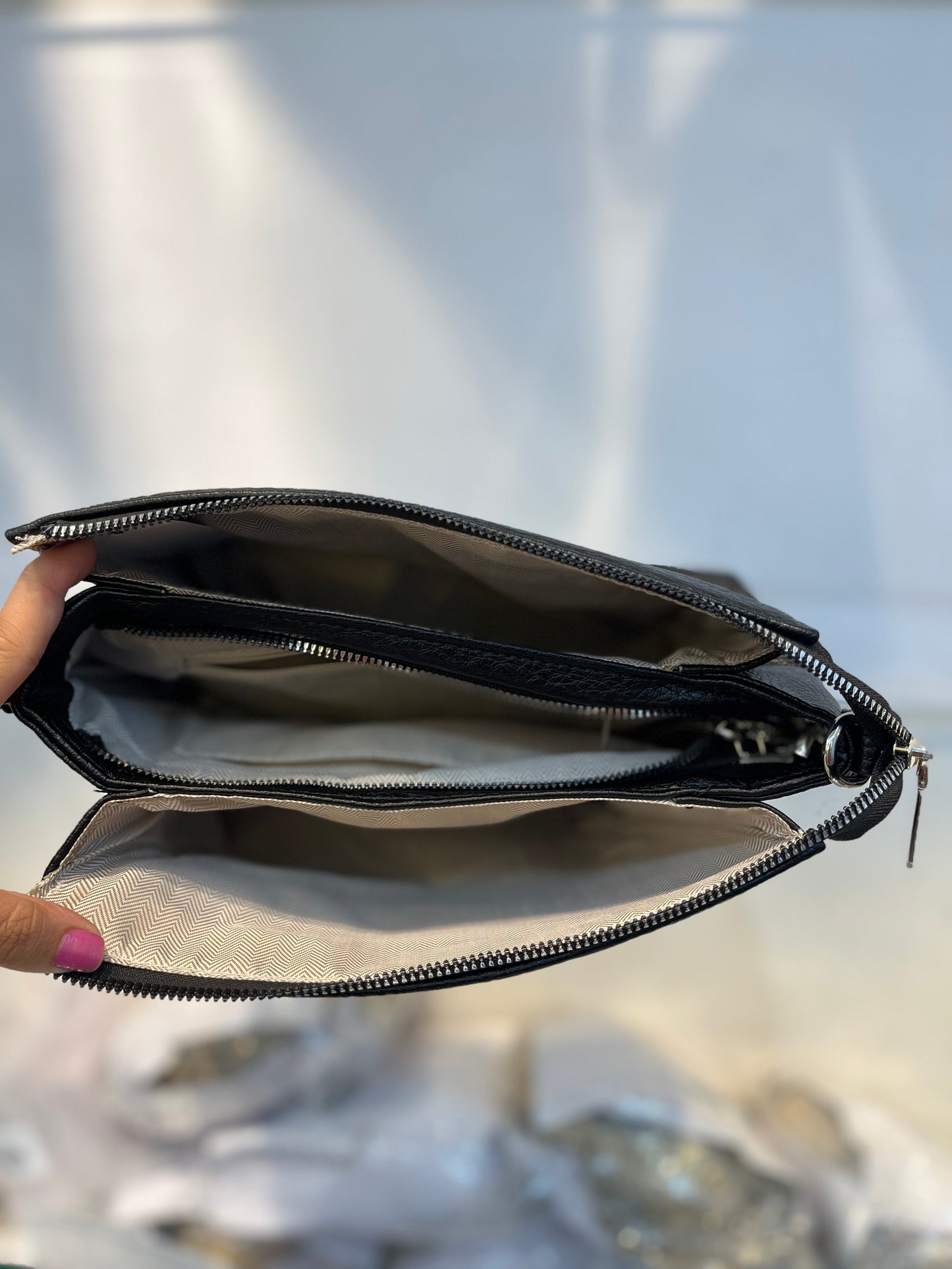 Black Textured Vegan Leather Sling Bag | Zip Pocket