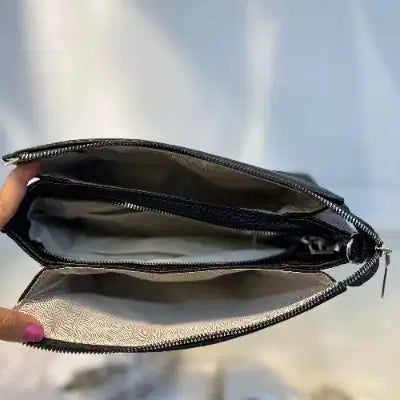Black Textured Vegan Leather Sling Bag | Zip Pocket