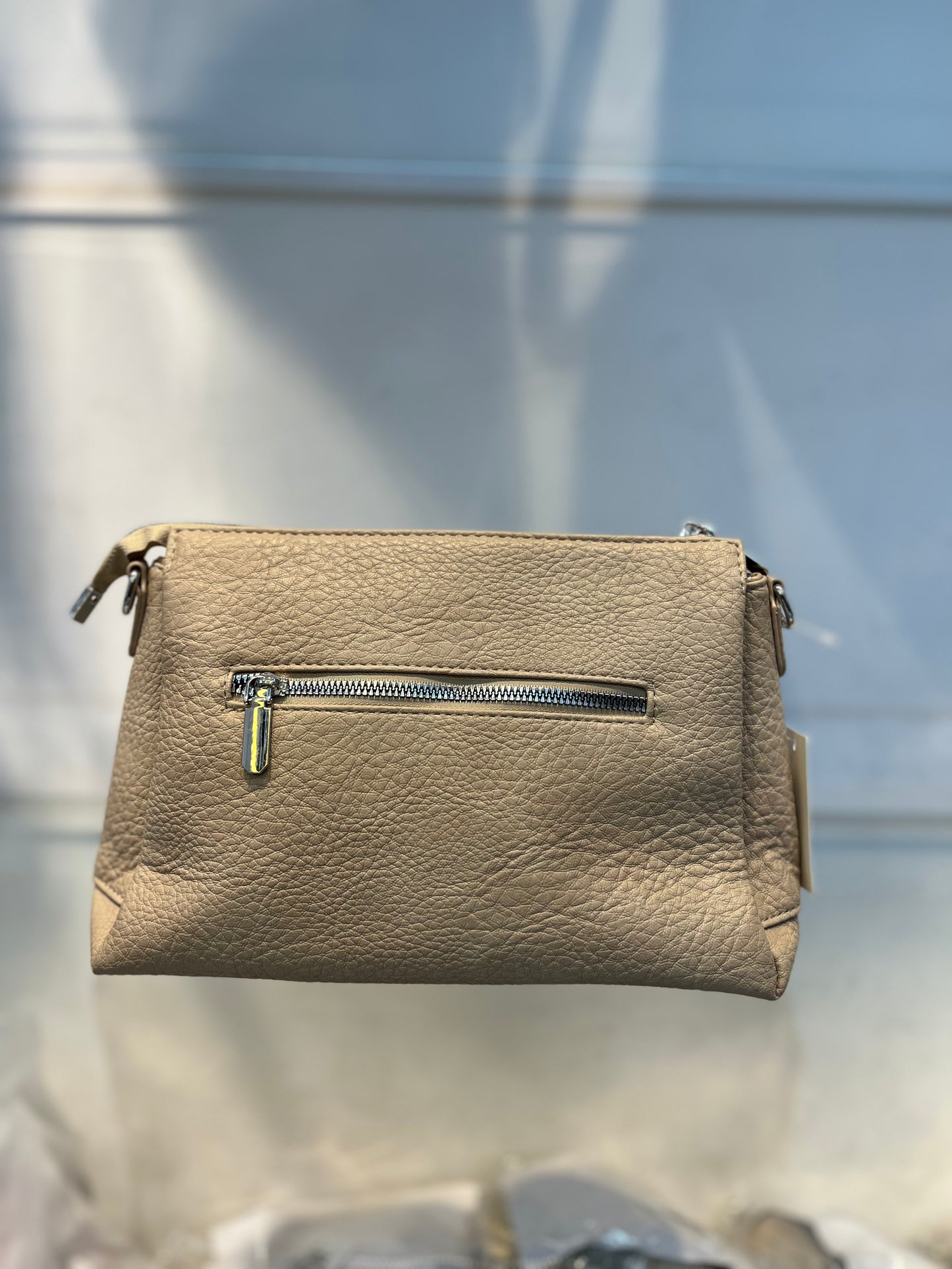 Beige Textured Vegan Leather Sling Bag | Zip Pocket