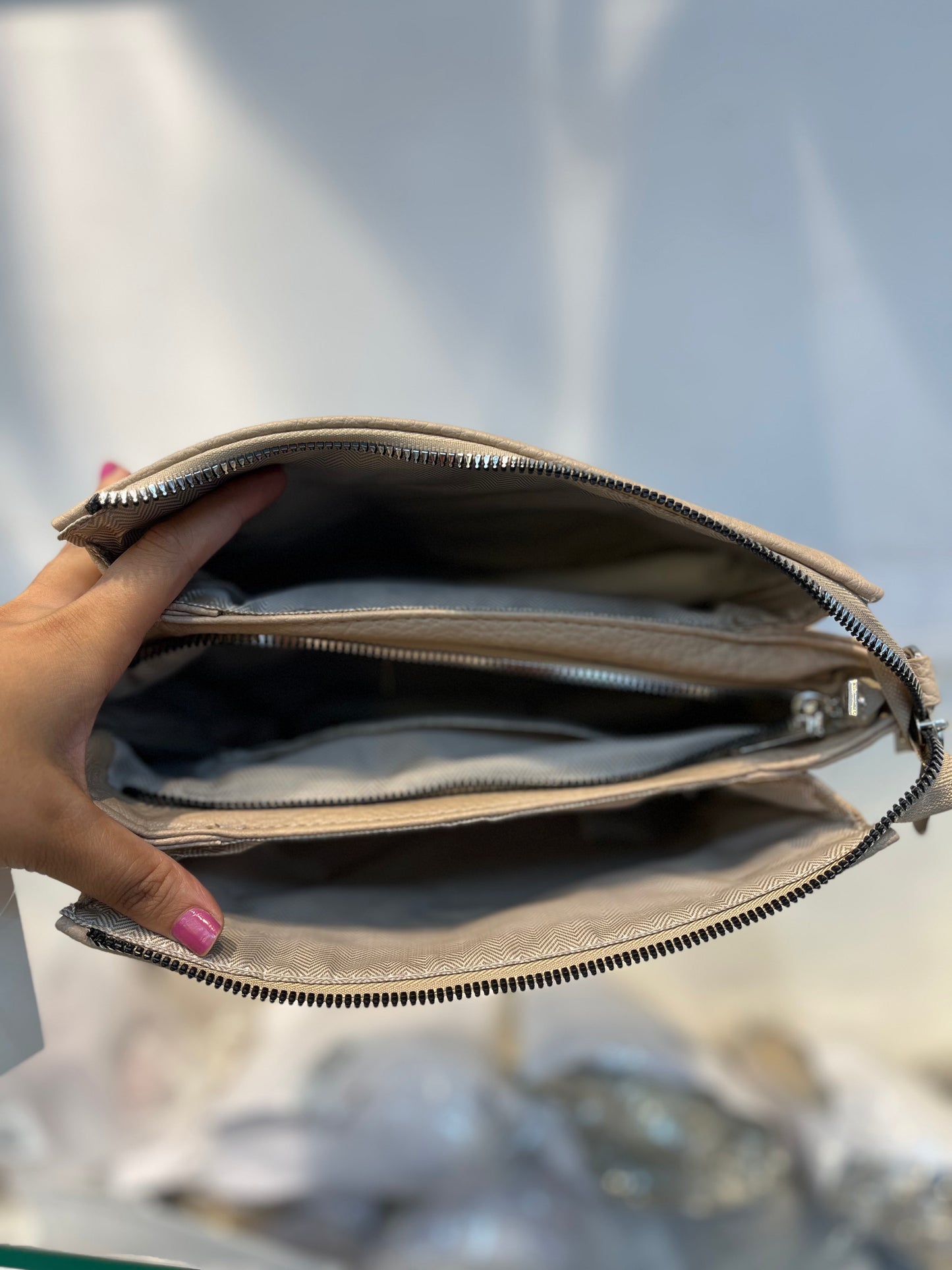 Beige Textured Vegan Leather Sling Bag | Zip Pocket