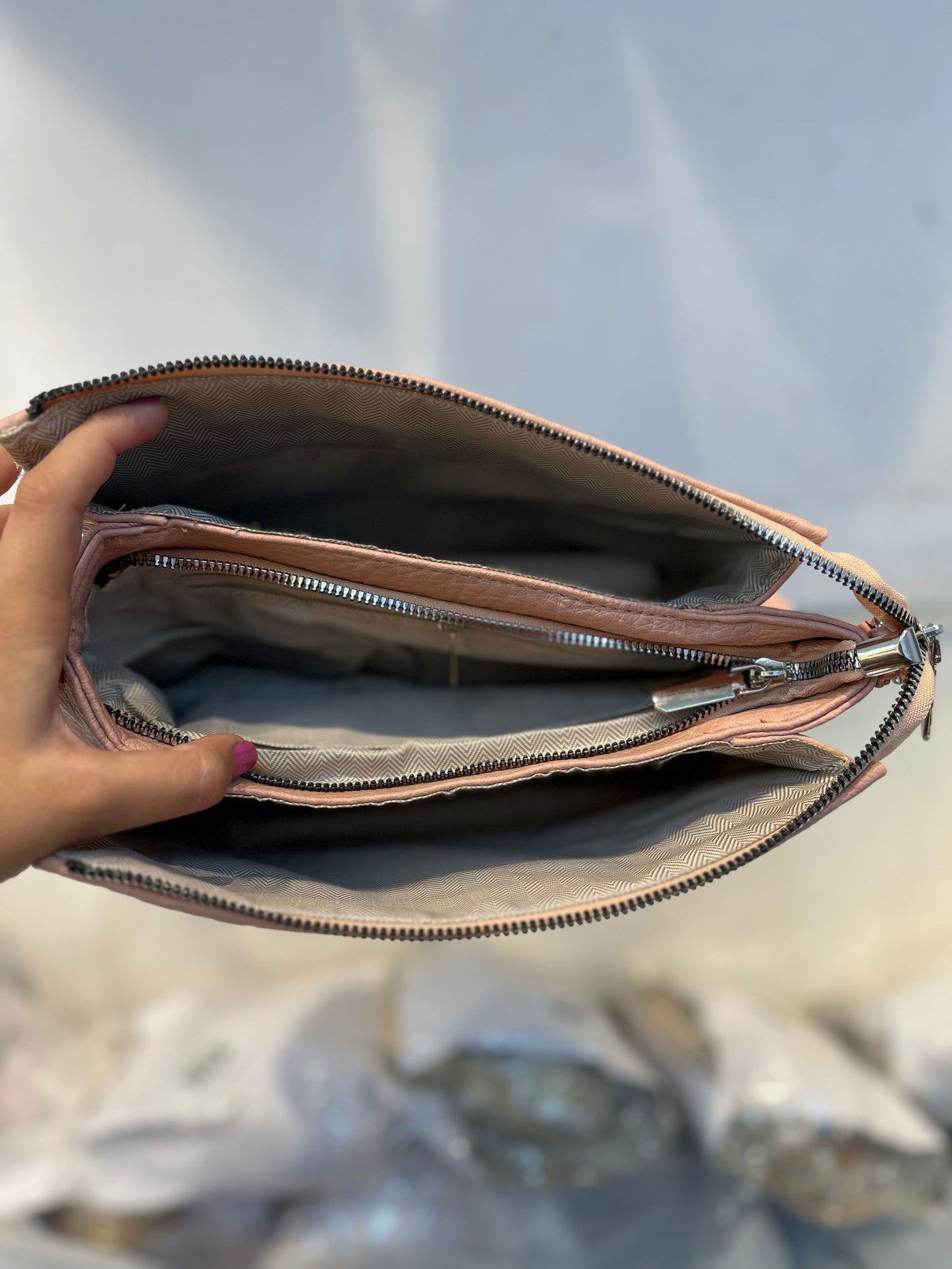 Pink Textured Vegan Leather Sling Bag | Zip Pocket