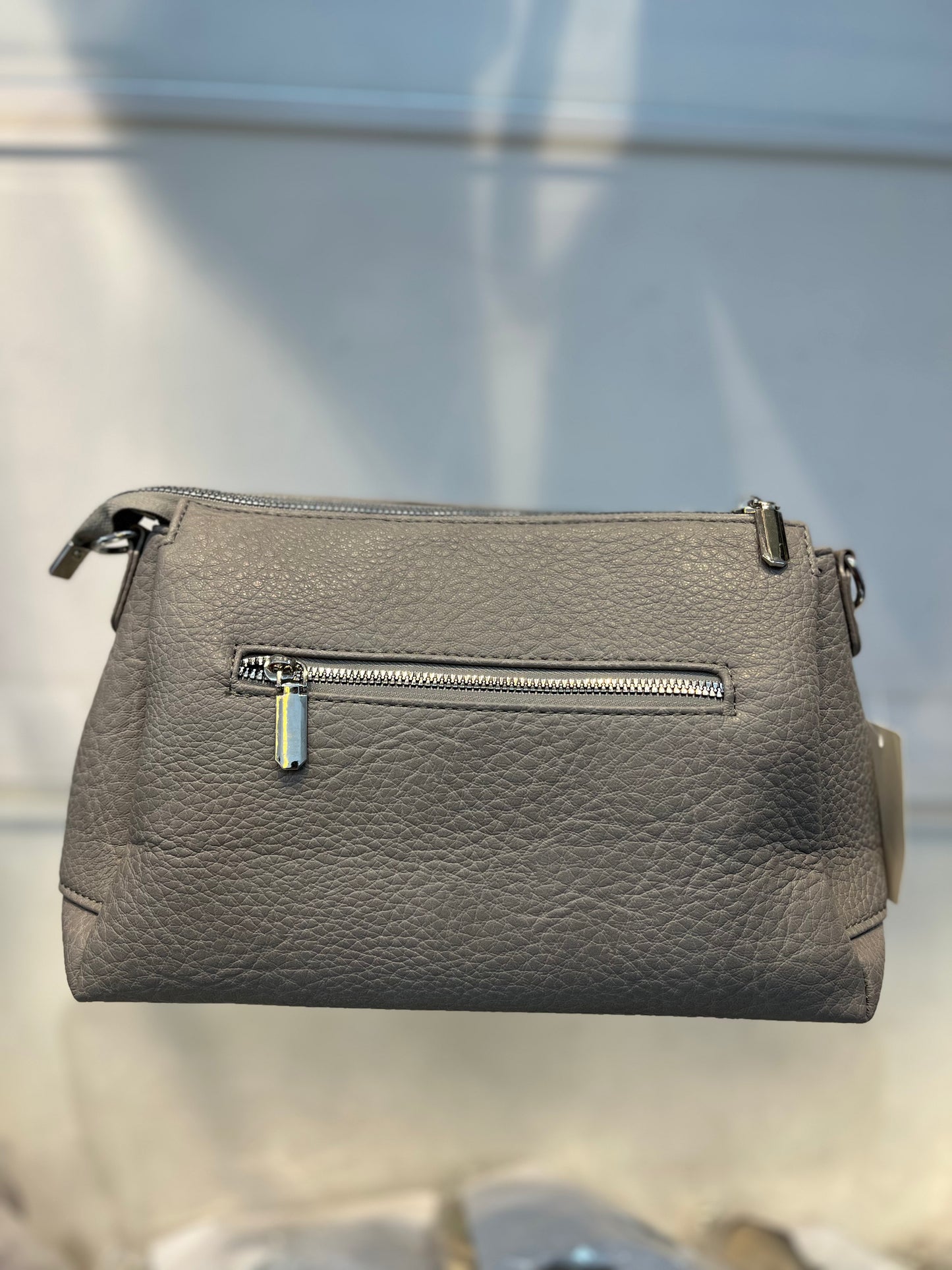 Grey Textured Vegan Leather Sling Bag | Zip Pocket