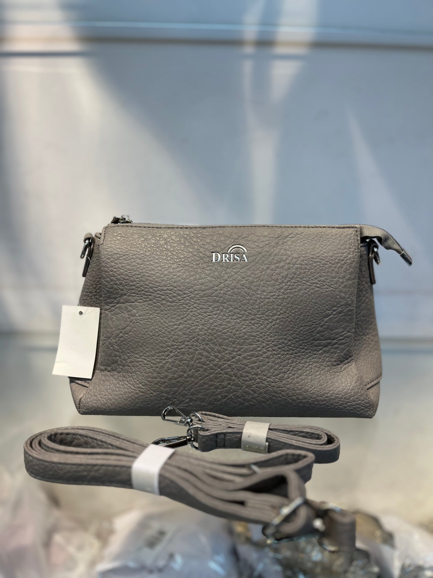 Grey Textured Vegan Leather Sling Bag | Zip Pocket