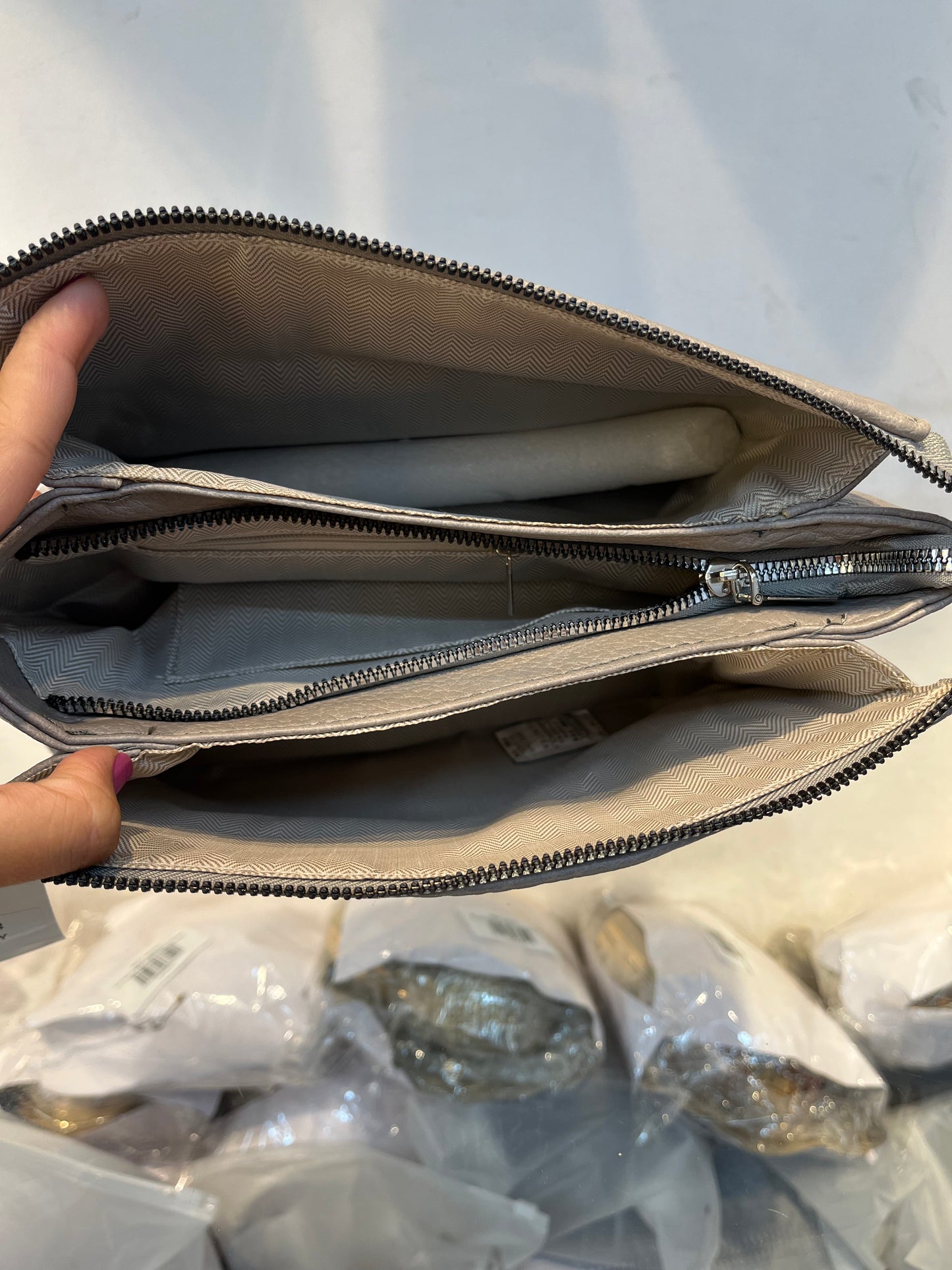 Grey Textured Vegan Leather Sling Bag | Zip Pocket