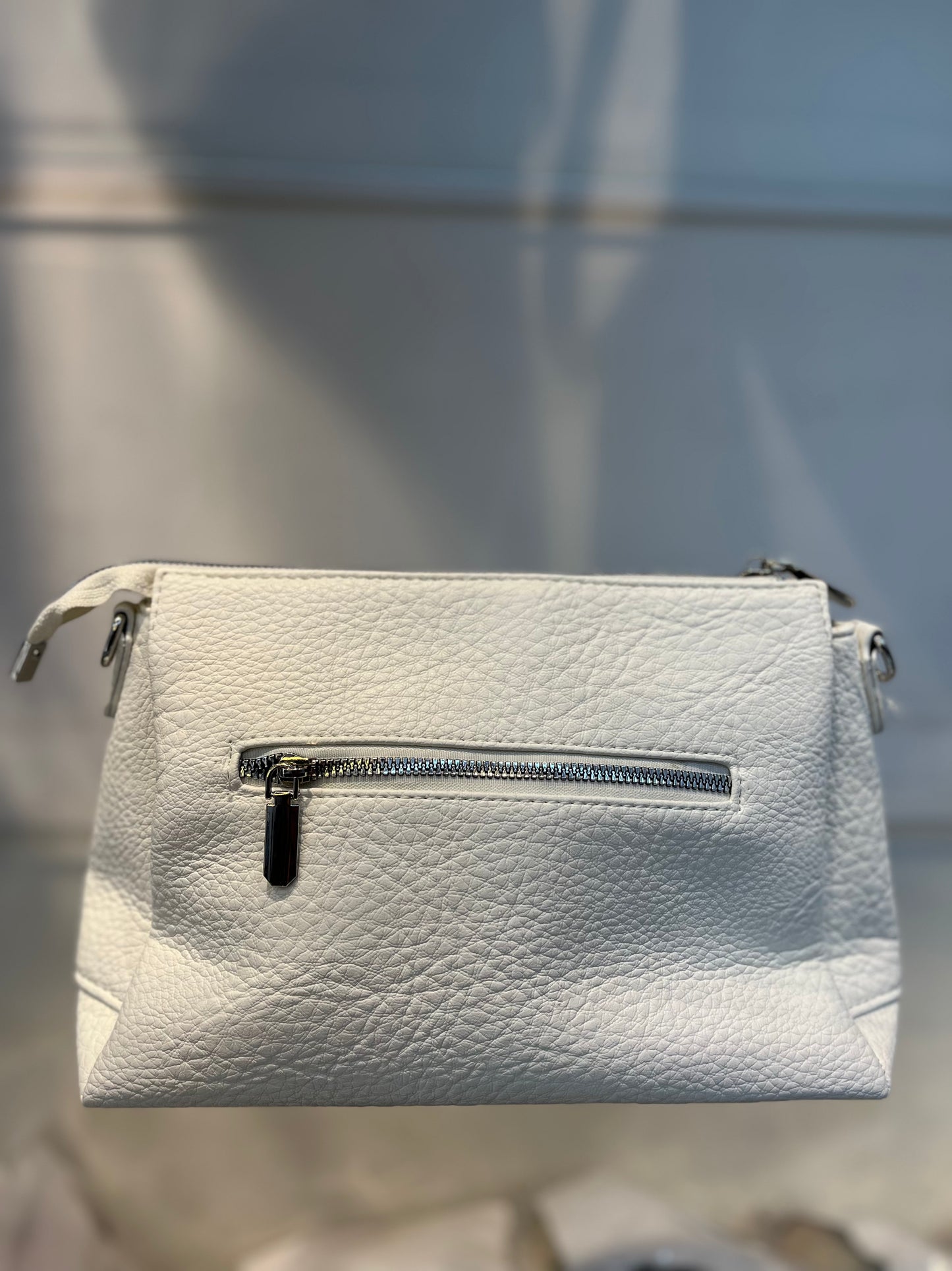 White Textured Vegan Leather Sling Bag | Zip Pocket