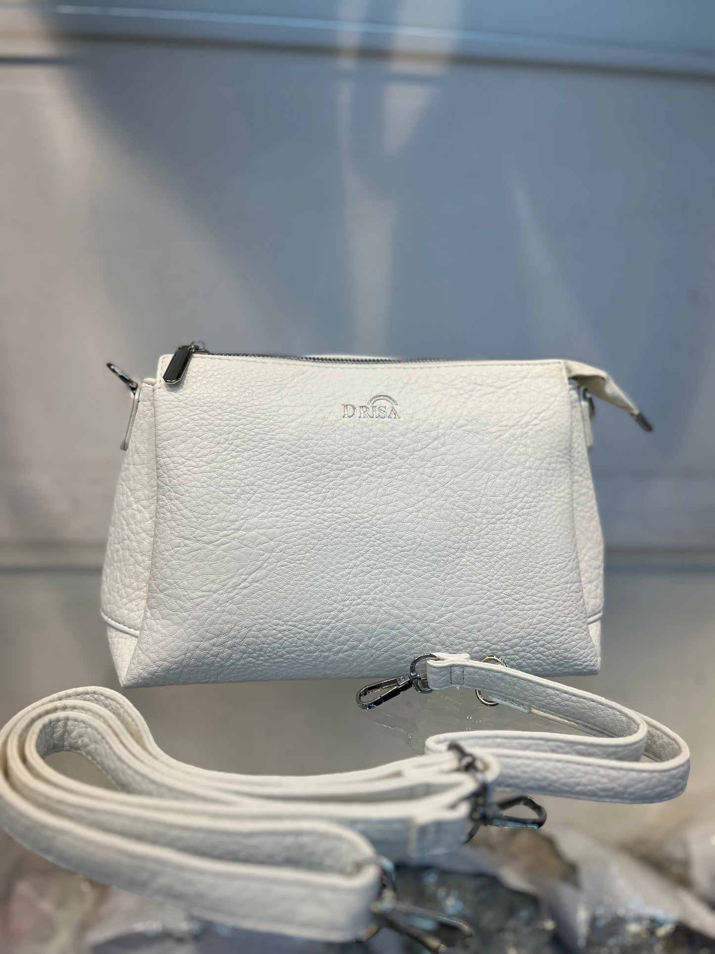 White Textured Vegan Leather Sling Bag | Zip Pocket