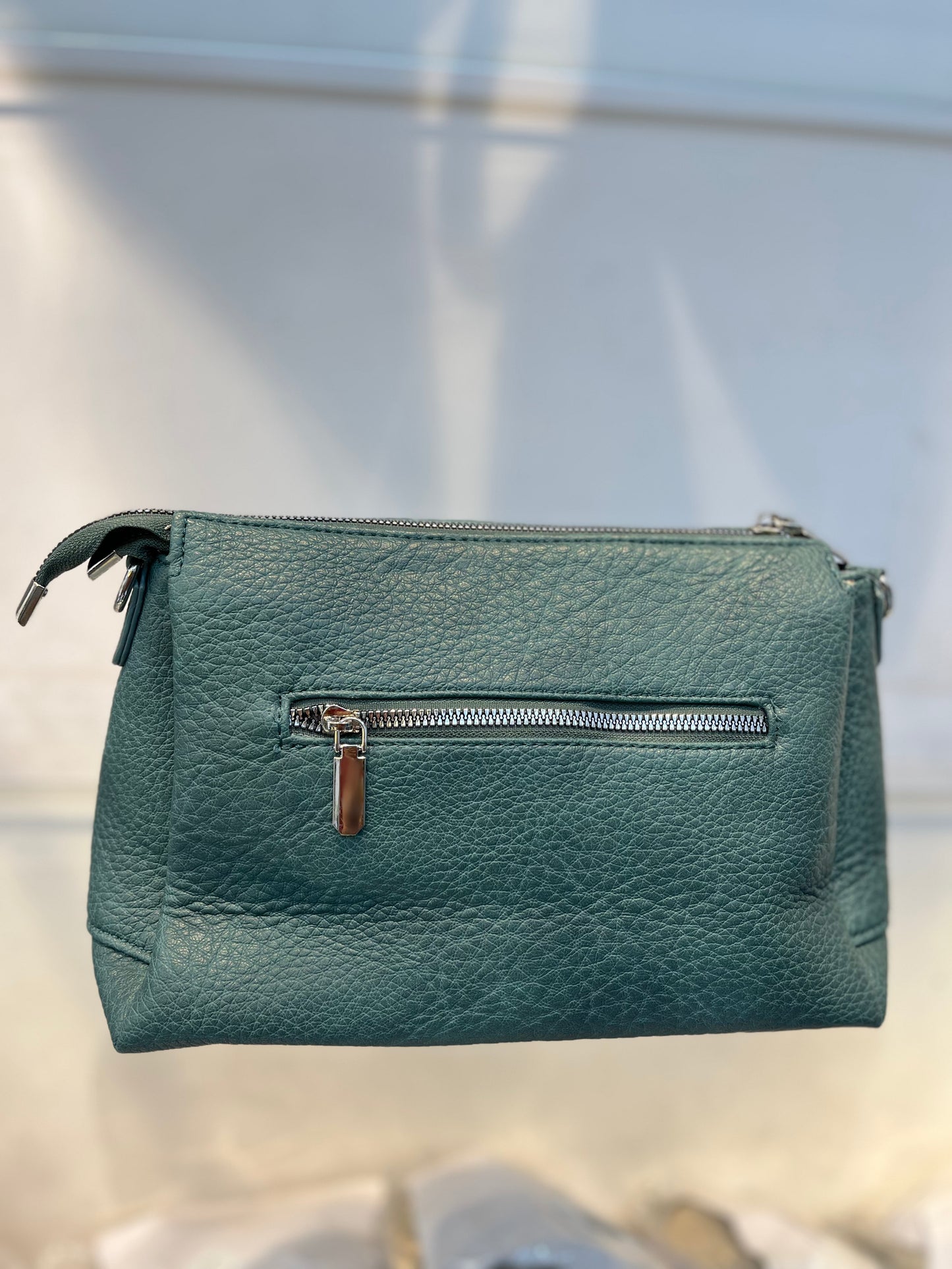 Green Textured Vegan Leather Sling Bag | Zip Pocket