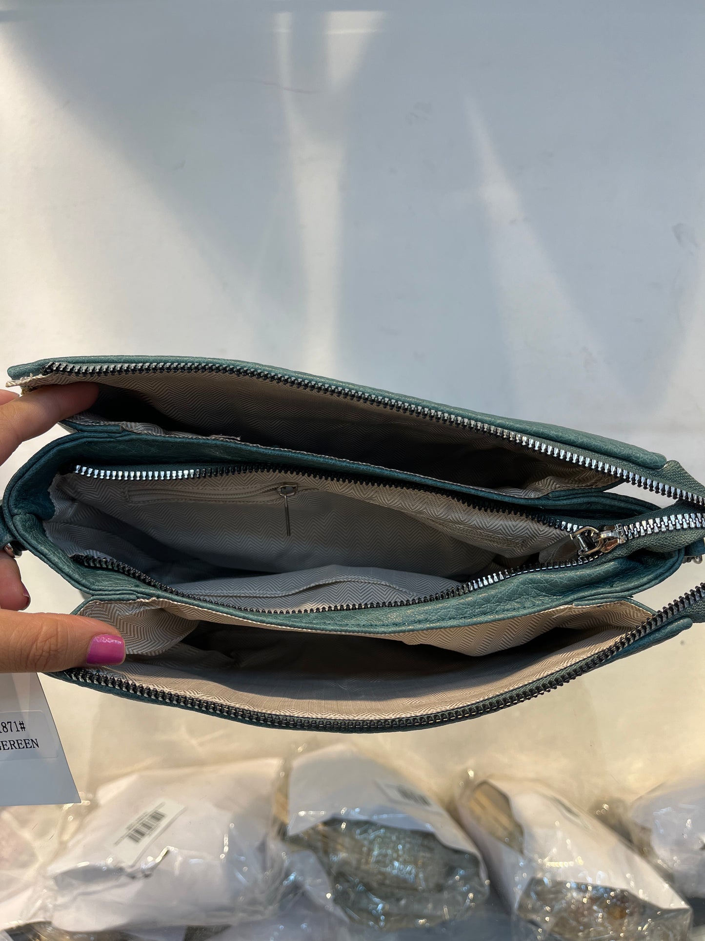 Green Textured Vegan Leather Sling Bag | Zip Pocket