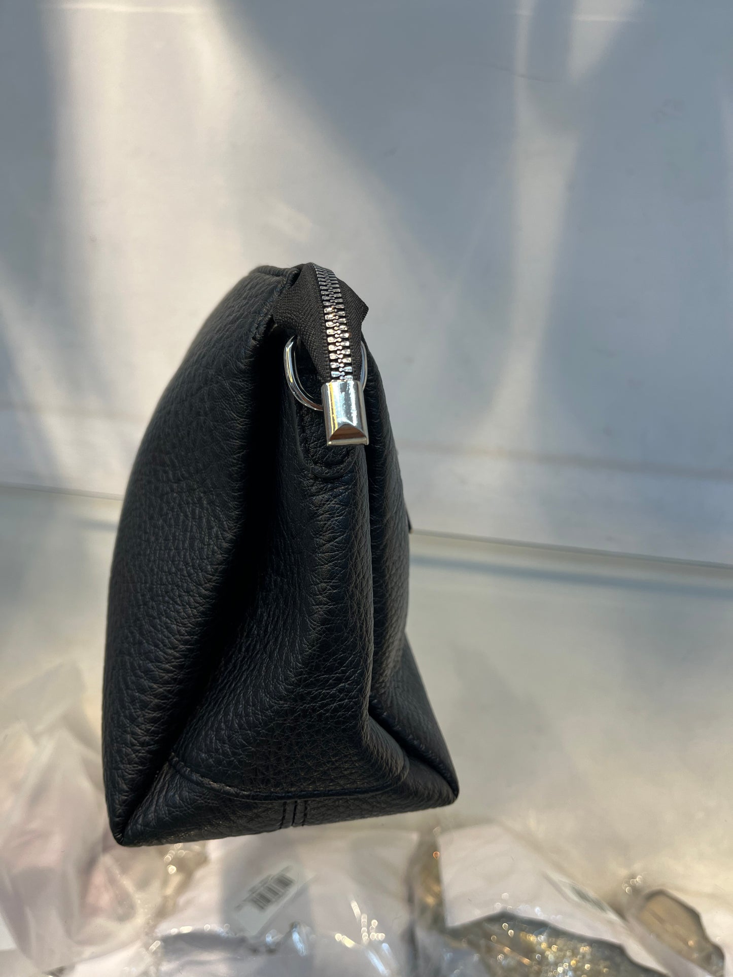 Black Textured Vegan Leather Sling Bag | Zip Pocket