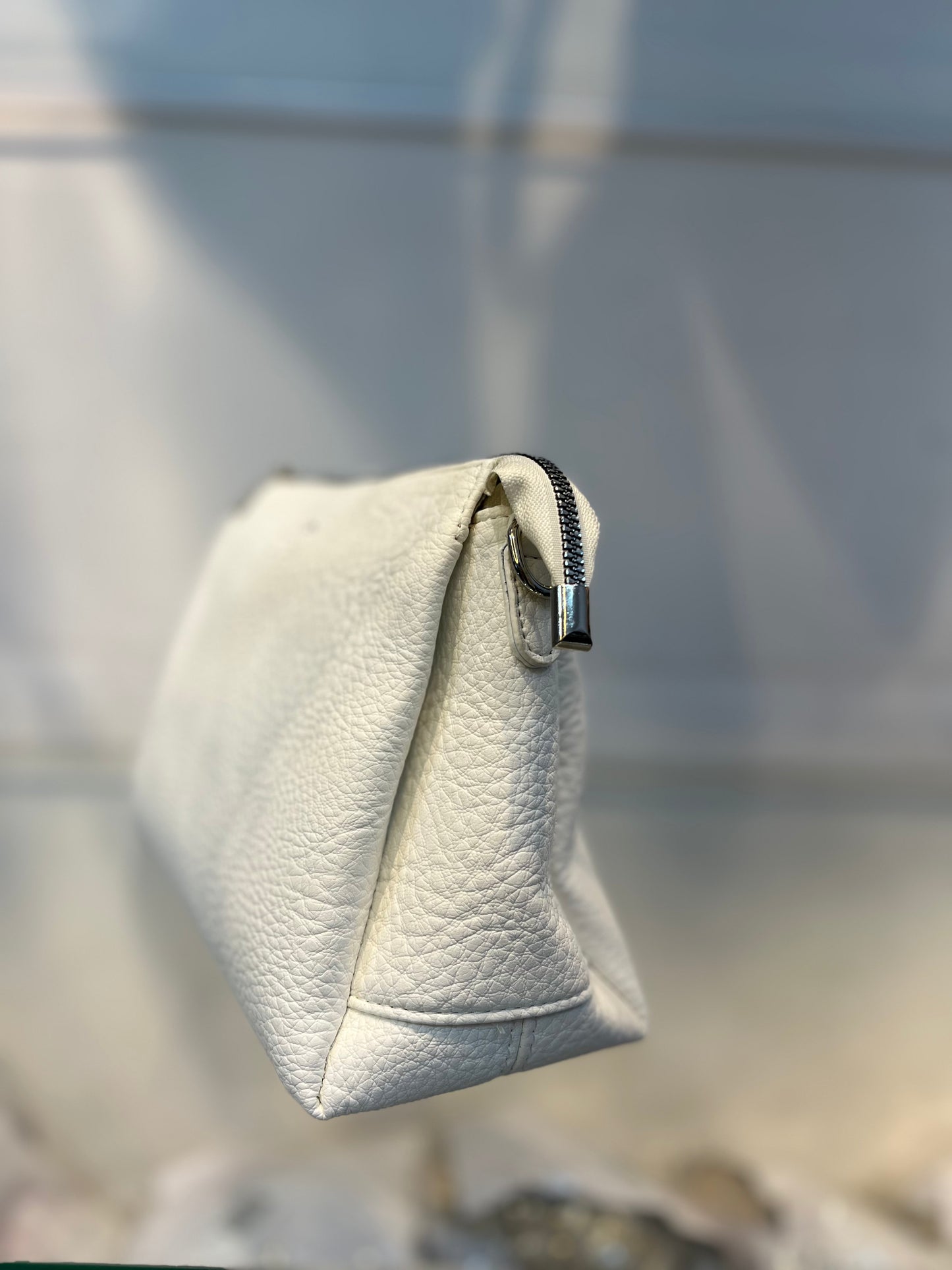 White Textured Vegan Leather Sling Bag | Zip Pocket