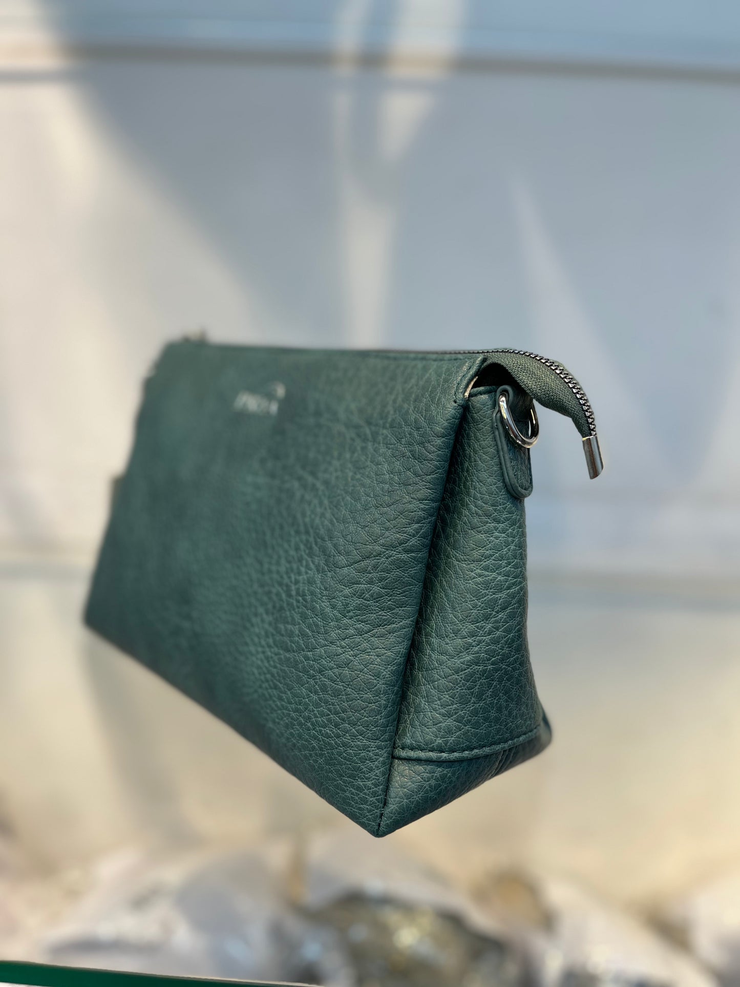 Green Textured Vegan Leather Sling Bag | Zip Pocket