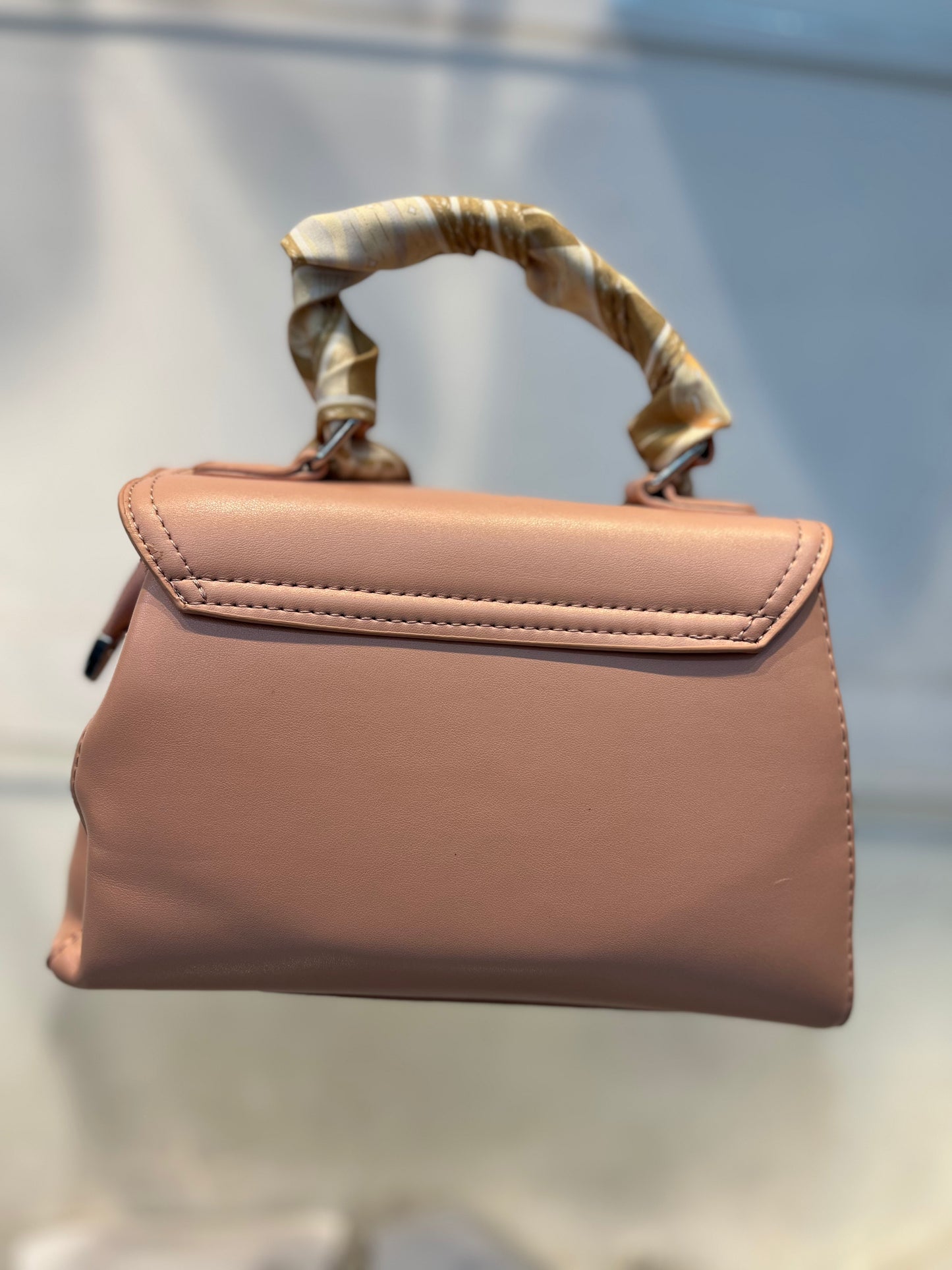 Elegant Pink Faux Leather Top Handle Bag with Scarf Accent - Perfect for a Fashionable Look 02