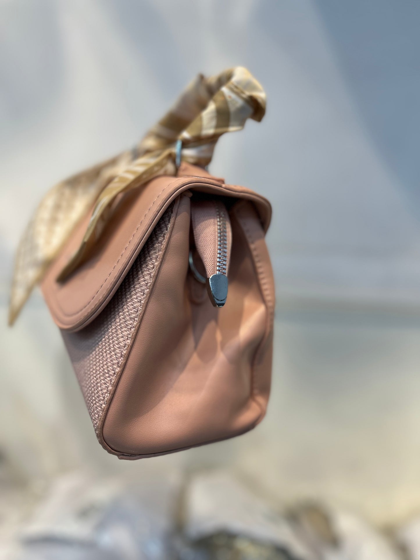 Elegant Pink Faux Leather Top Handle Bag with Scarf Accent - Perfect for a Fashionable Look 02