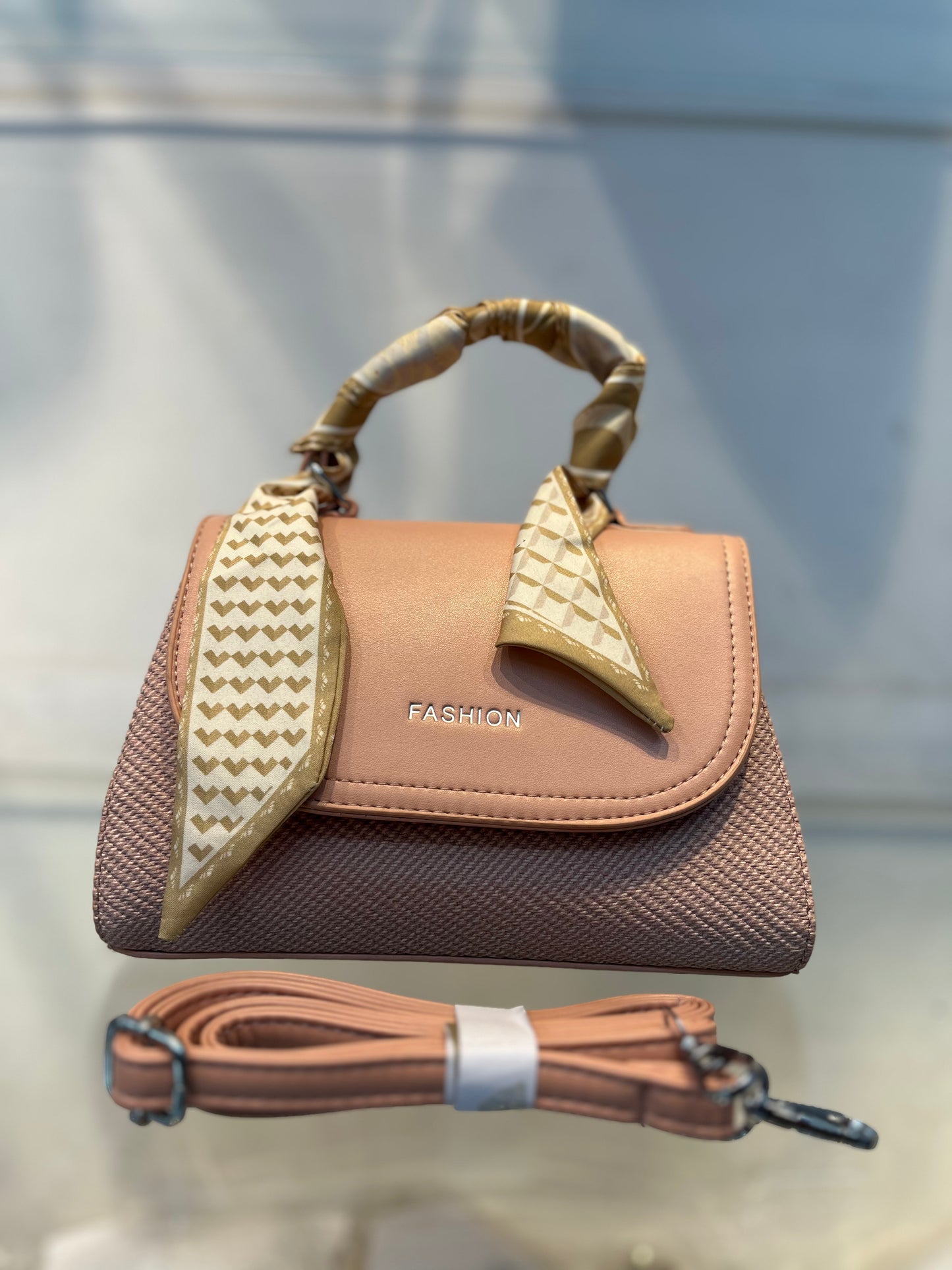 Elegant Pink Faux Leather Top Handle Bag with Scarf Accent - Perfect for a Fashionable Look 02