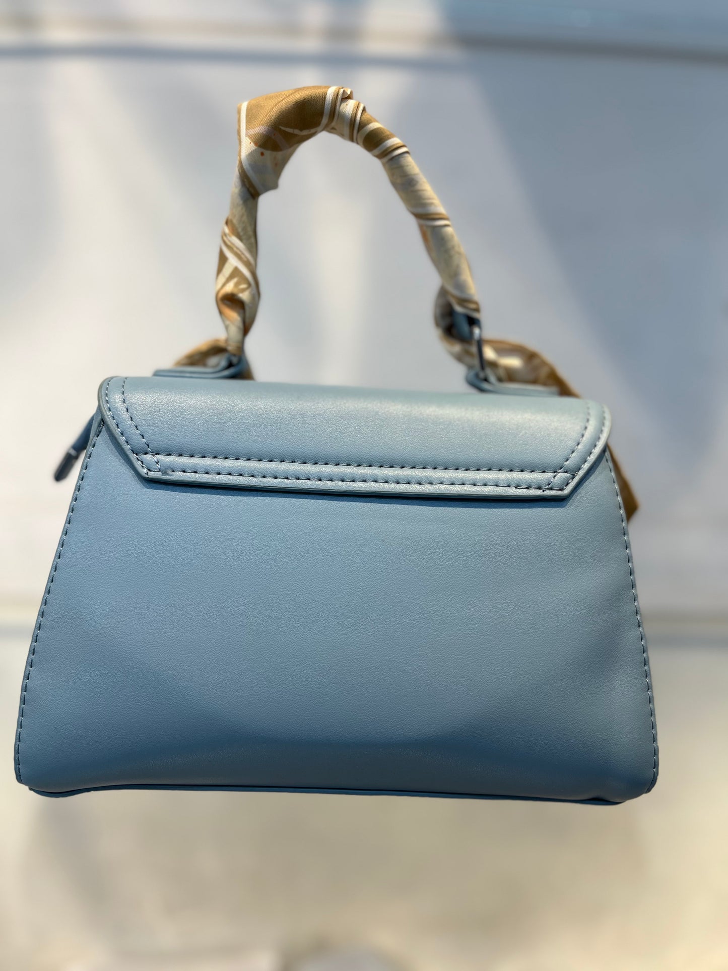 Elegant Blue Faux Leather Top Handle Bag with Scarf Accent - Perfect for a Fashionable Look 02