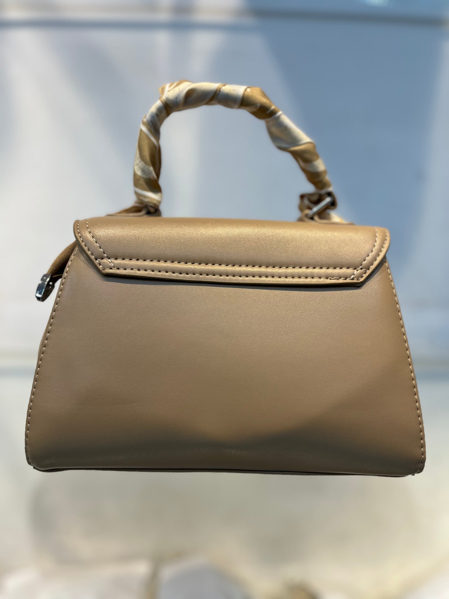 Elegant Light Khakhi Faux Leather Top Handle Bag with Scarf Accent - Perfect for a Fashionable Look 02