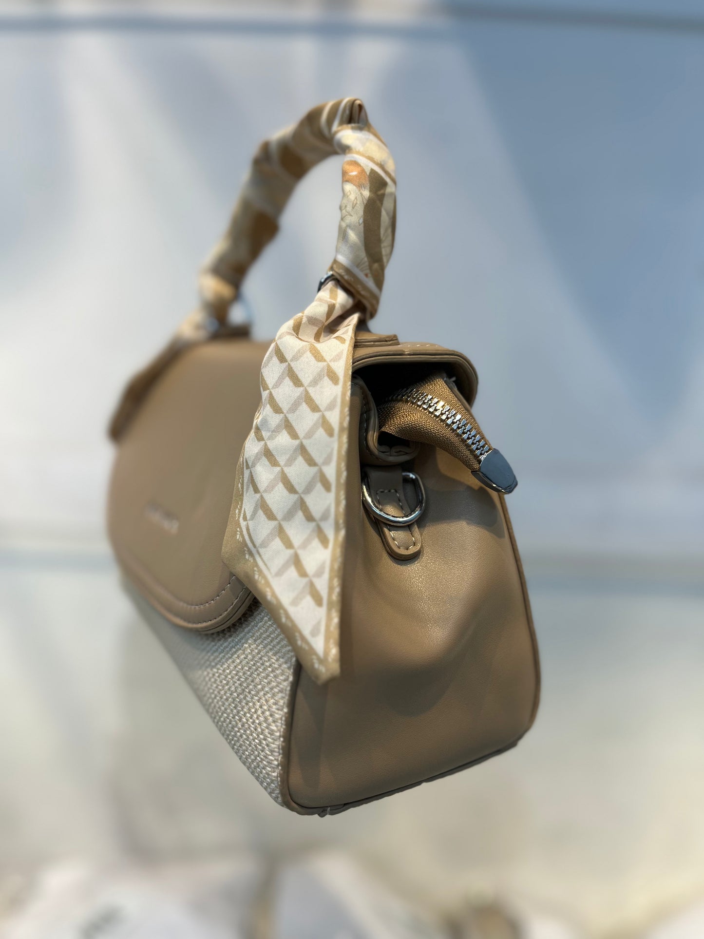 Elegant Light Khakhi Faux Leather Top Handle Bag with Scarf Accent - Perfect for a Fashionable Look 02